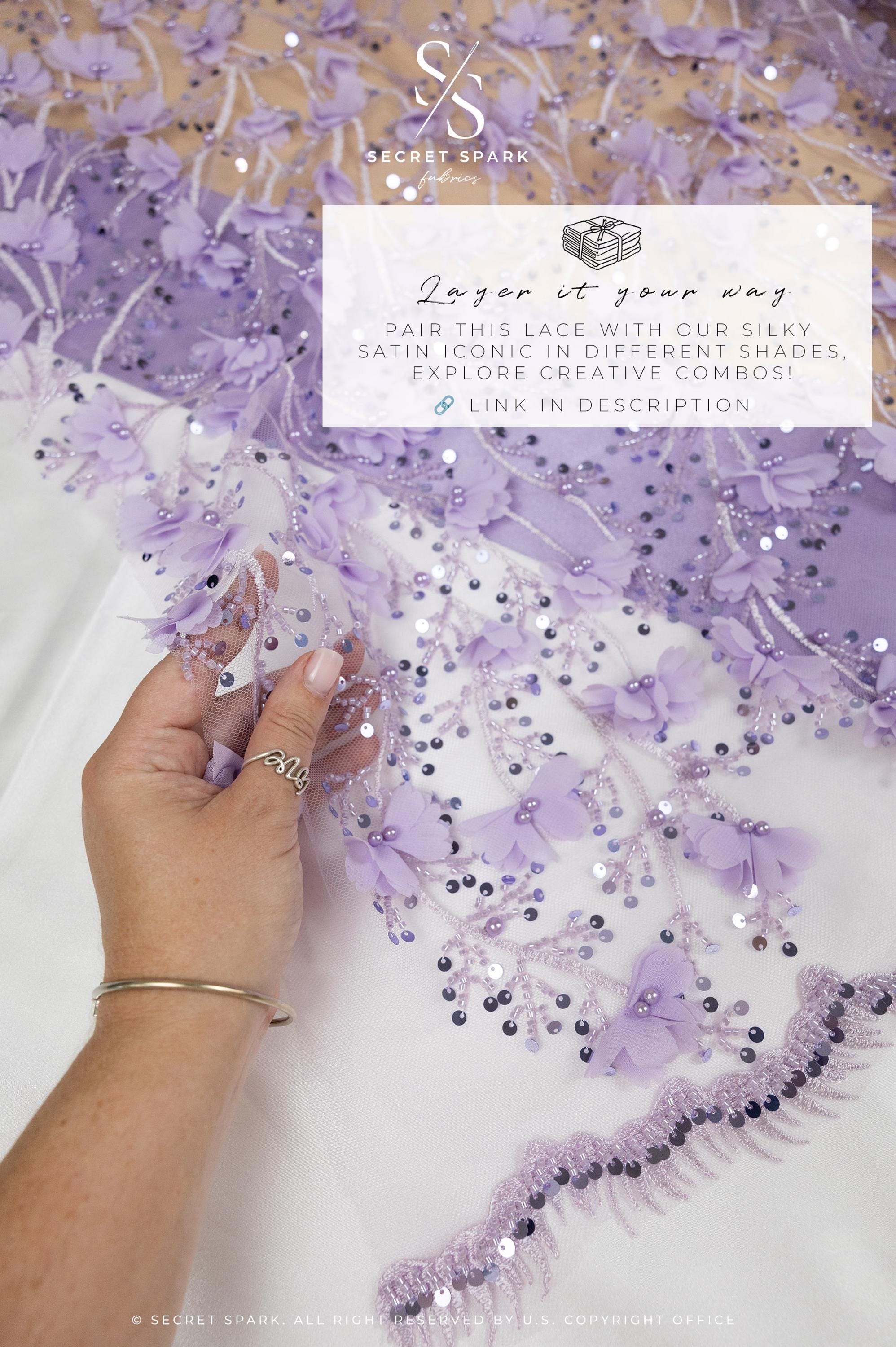 Secret Garden - Purple Lavender 3D Lace with Pearls &amp; Chiffon Flowers – Tulle for Fantasy Dresses, Stagewear, Costume Capes, Accessories