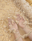 Secret Garden - Mystic Beige 3D Lace with Chiffon Flowers & Pearls – Elegant Tulle for Modern Neutrals, Bridal Jackets, Accessories, Dresses