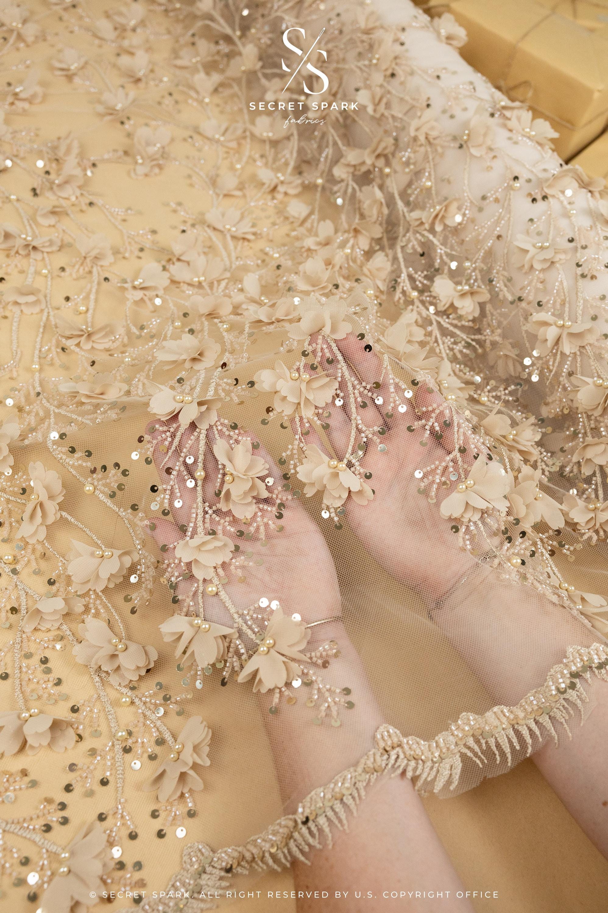 Secret Garden - Mystic Beige 3D Lace with Chiffon Flowers &amp; Pearls – Elegant Tulle for Modern Neutrals, Bridal Jackets, Accessories, Dresses