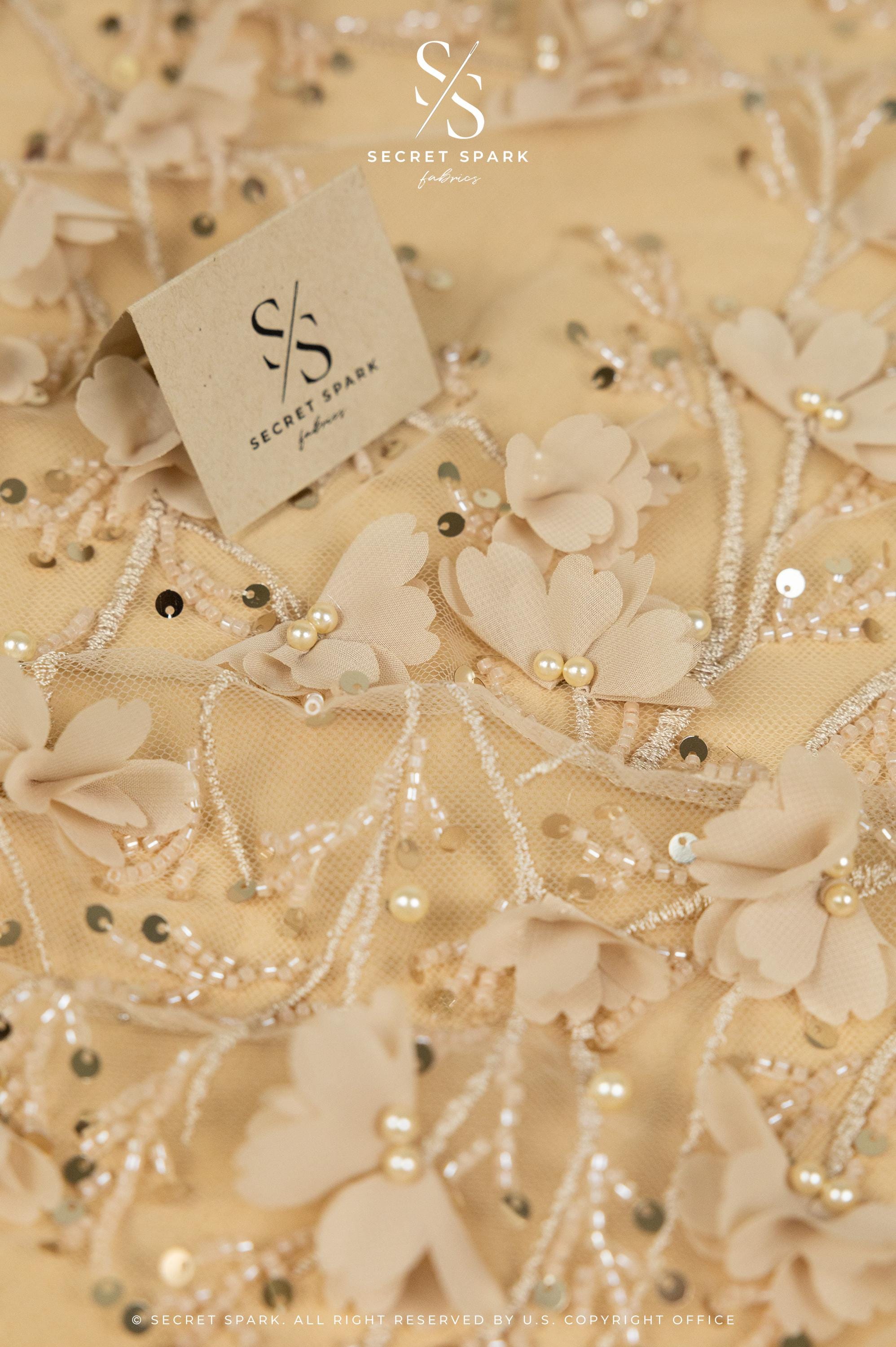 Secret Garden - Mystic Beige 3D Lace with Chiffon Flowers &amp; Pearls – Elegant Tulle for Modern Neutrals, Bridal Jackets, Accessories, Dresses