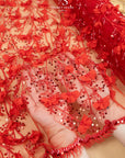 Secret Garden - Red 3D Lace with Pearls, Sequins & Flowers – Dramatic Tulle for Evening Capes, Gloves, Headpieces, Spanish-Inspired Dresses