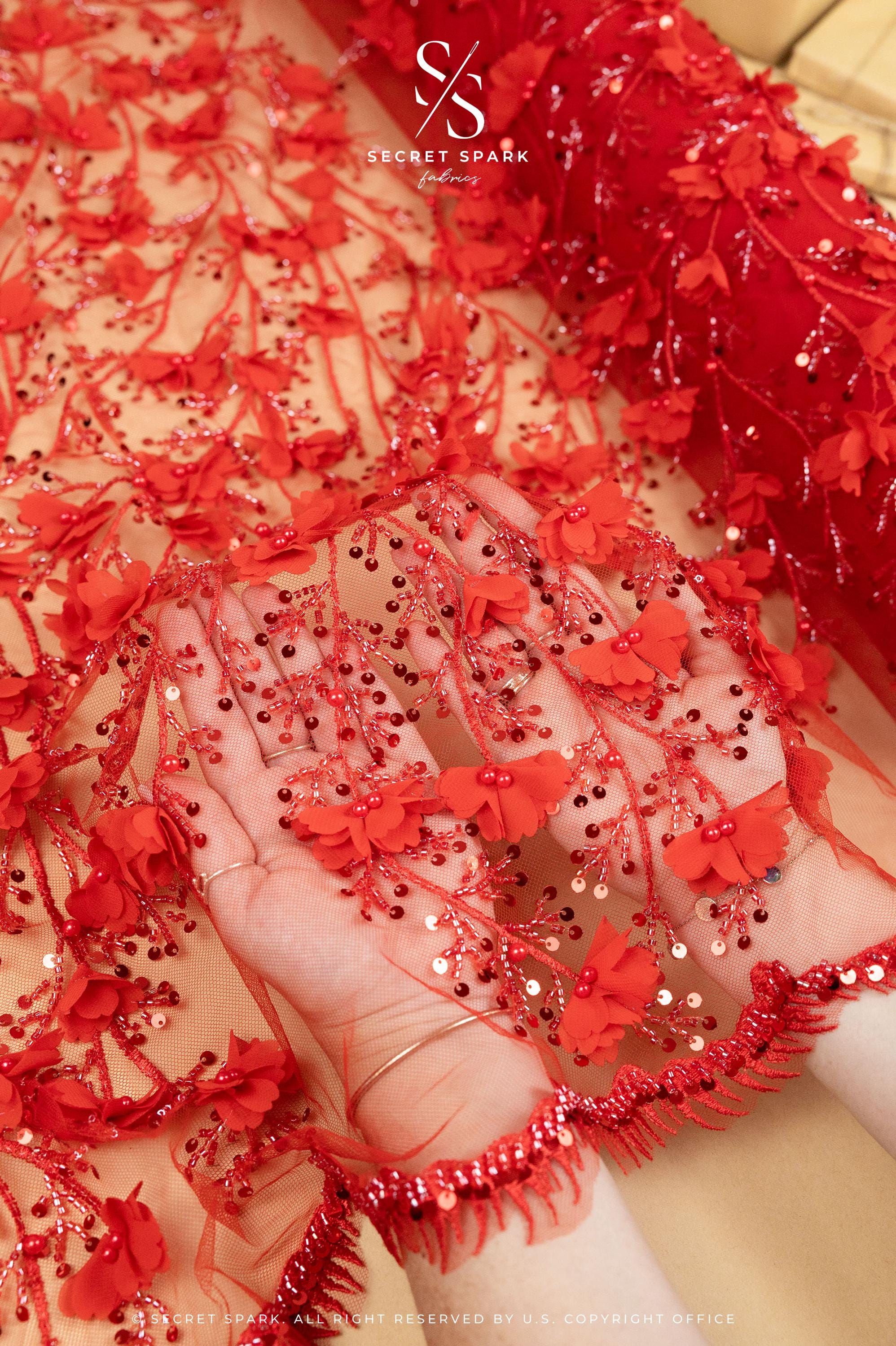 Secret Garden - Red 3D Lace with Pearls, Sequins &amp; Flowers – Dramatic Tulle for Evening Capes, Gloves, Headpieces, Spanish-Inspired Dresses