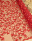 Secret Garden - Red 3D Lace with Pearls, Sequins & Flowers – Dramatic Tulle for Evening Capes, Gloves, Headpieces, Spanish-Inspired Dresses