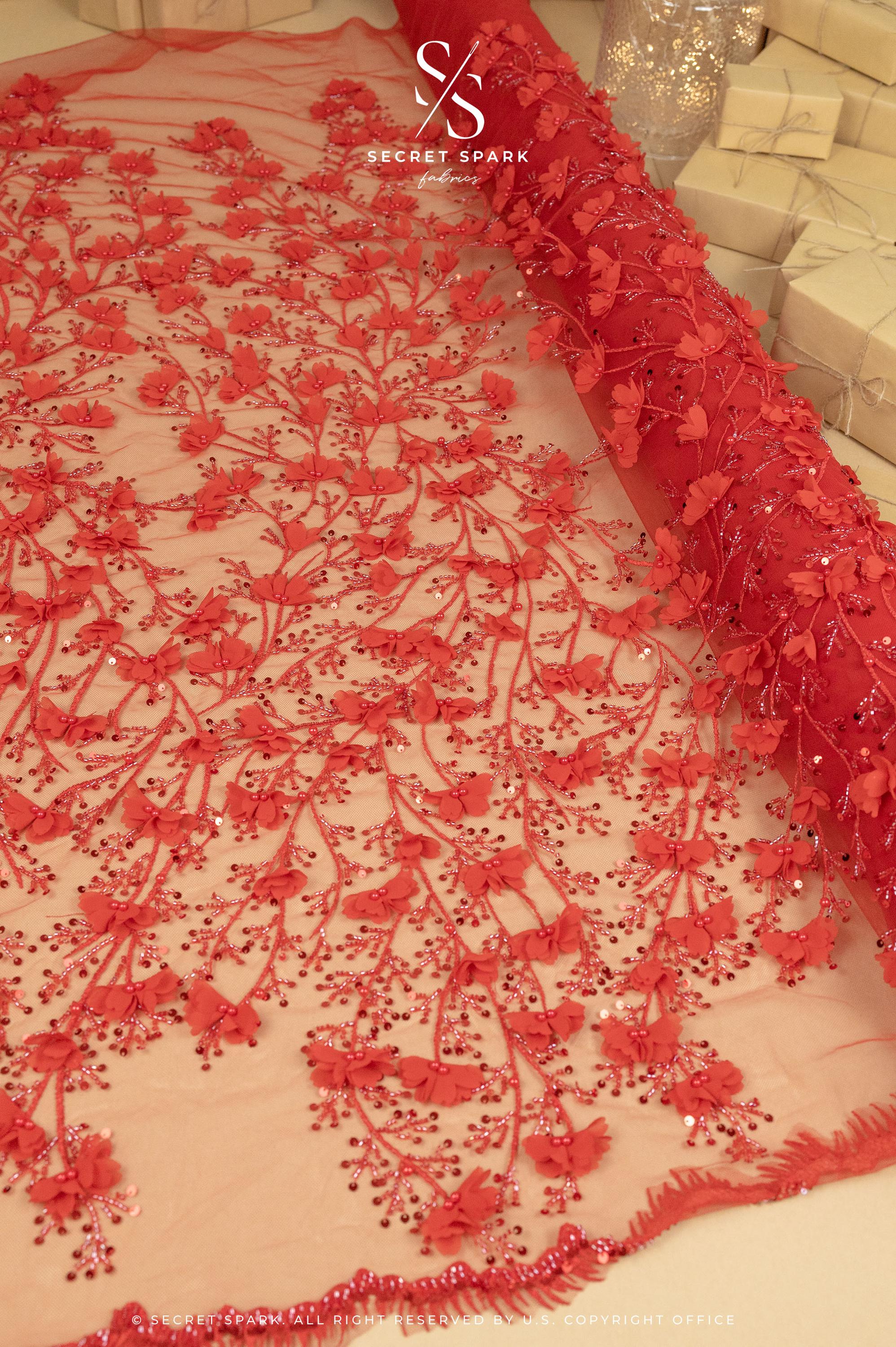 Secret Garden - Red 3D Lace with Pearls, Sequins &amp; Flowers – Dramatic Tulle for Evening Capes, Gloves, Headpieces, Spanish-Inspired Dresses