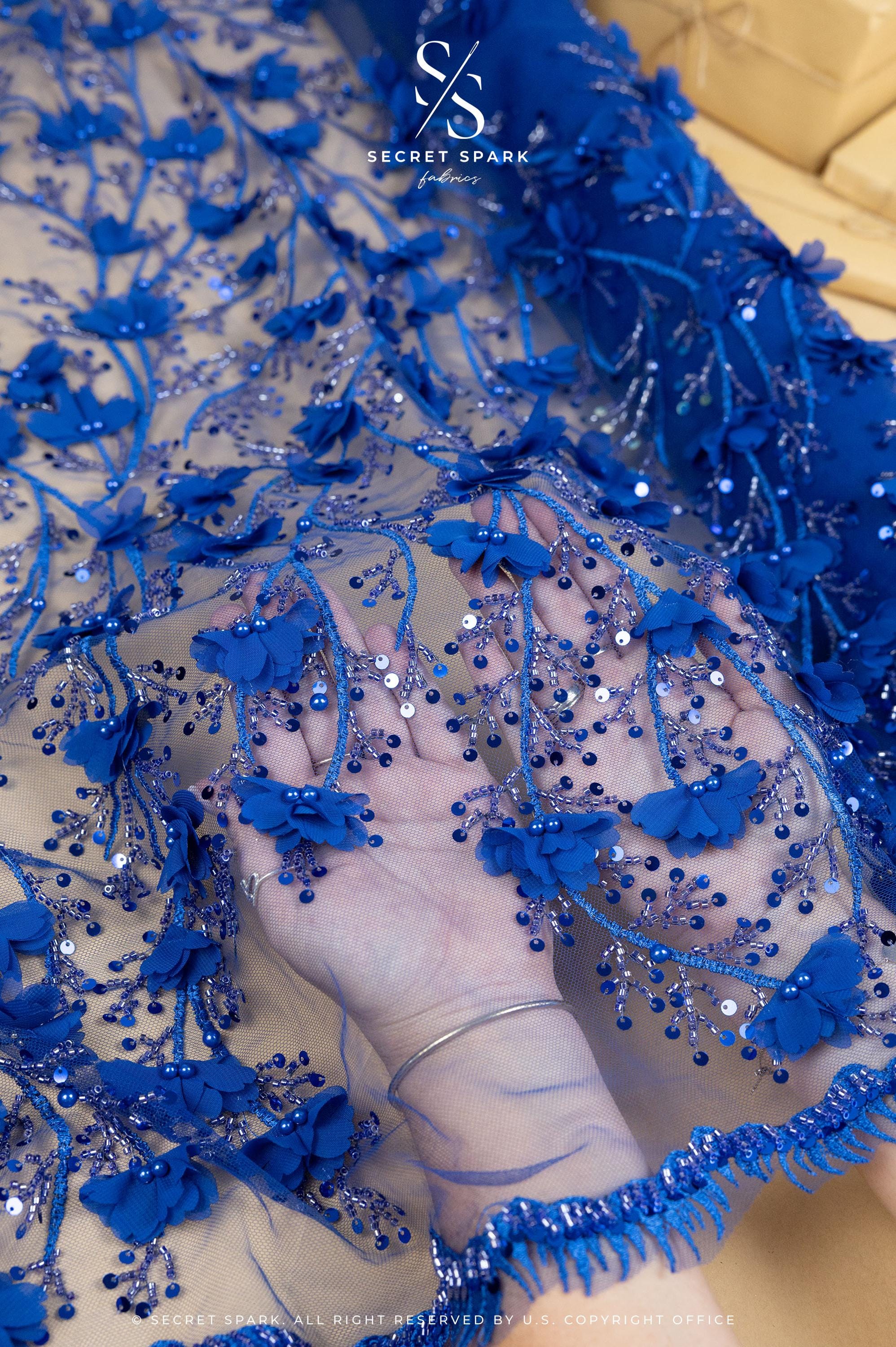 Secret Garden - Royal Blue 3D Floral Lace with Sequins and Petals – Regal Tulle for Pageant Gowns, Opera Capes, Headbands &amp; Fashion Dresses