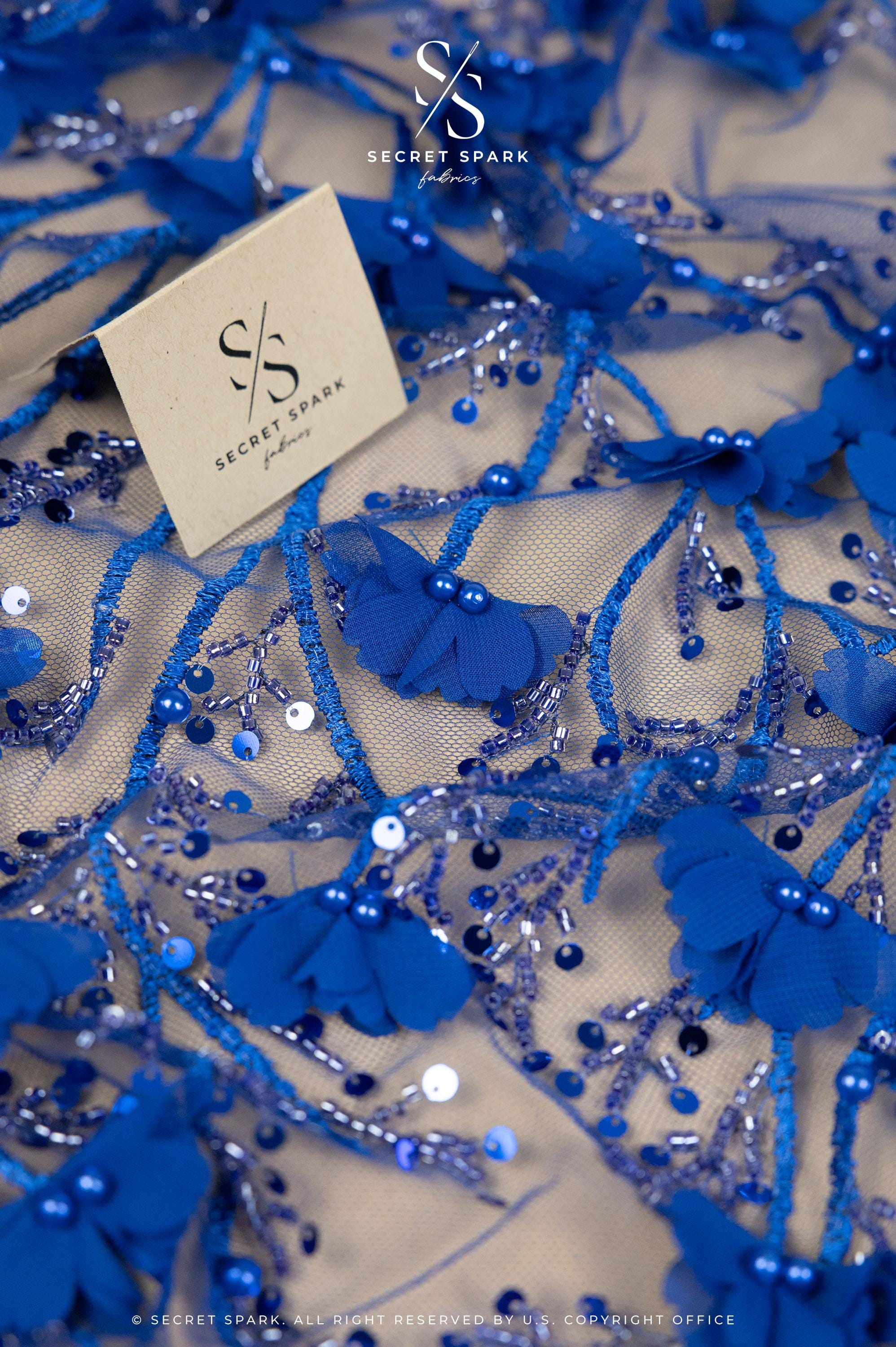 Secret Garden - Royal Blue 3D Floral Lace with Sequins and Petals – Regal Tulle for Pageant Gowns, Opera Capes, Headbands &amp; Fashion Dresses