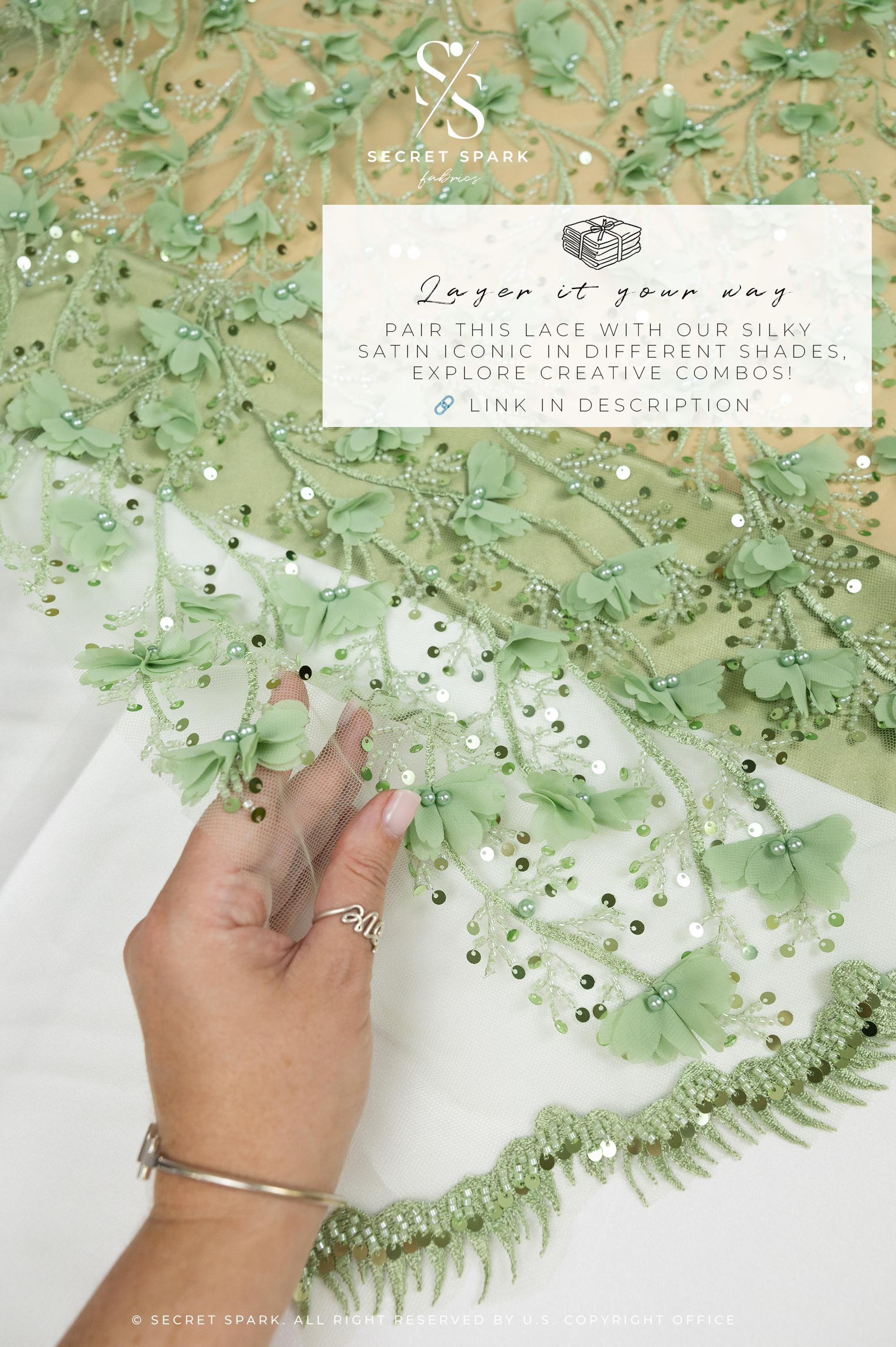 Secret Garden - Pistachio Green 3D Floral Lace with Pearls &amp; Petals – Tulle for Garden Weddings, Baby Dresses, Invitations, Flatlays, Decor