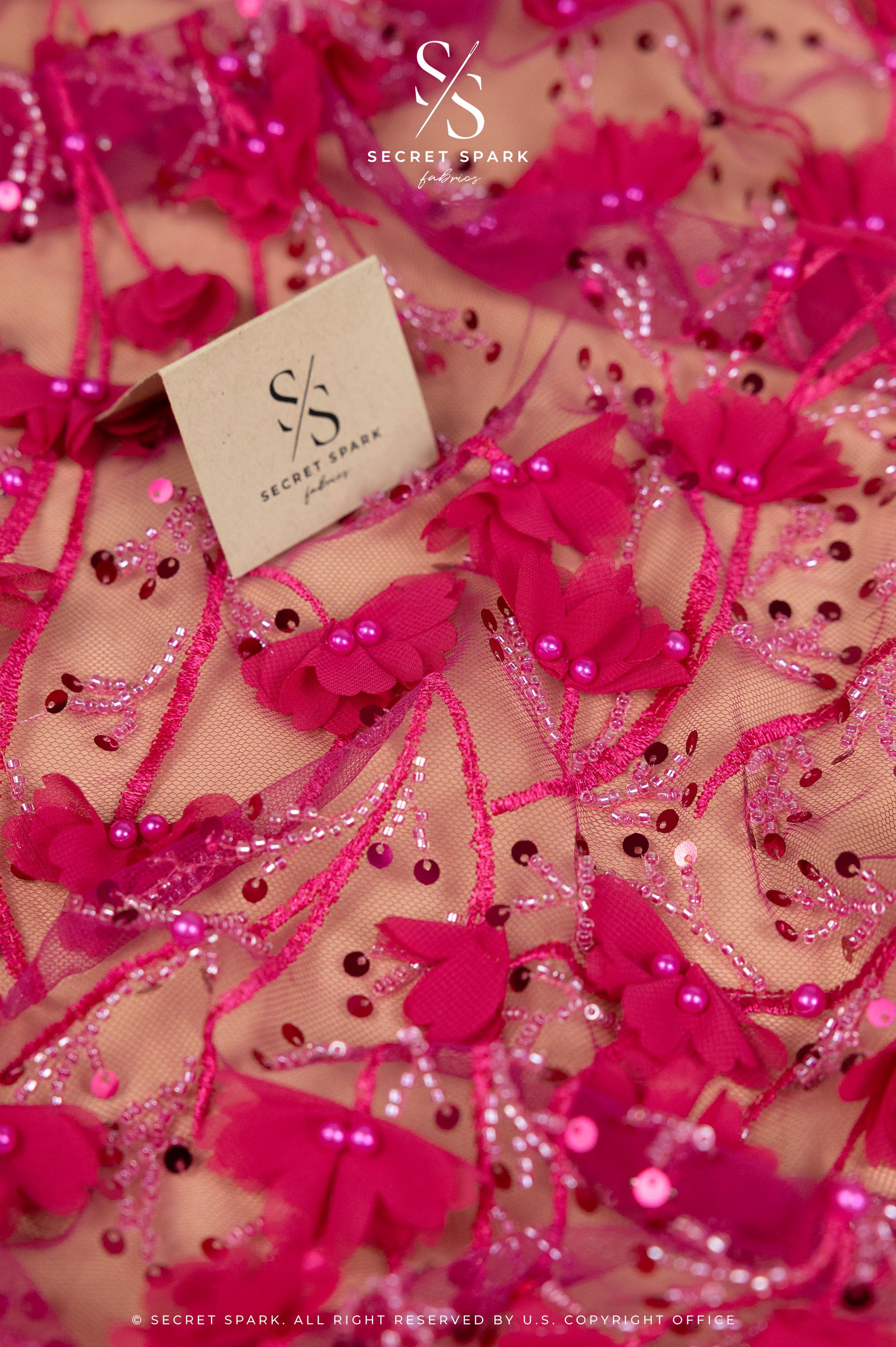 Secret Garden - Magenta Pink 3D Lace with Flowers, Pearls &amp; Sequins – Bold Tulle for Show Dresses, Dance Costumes, Hair Bows, Creative Decor