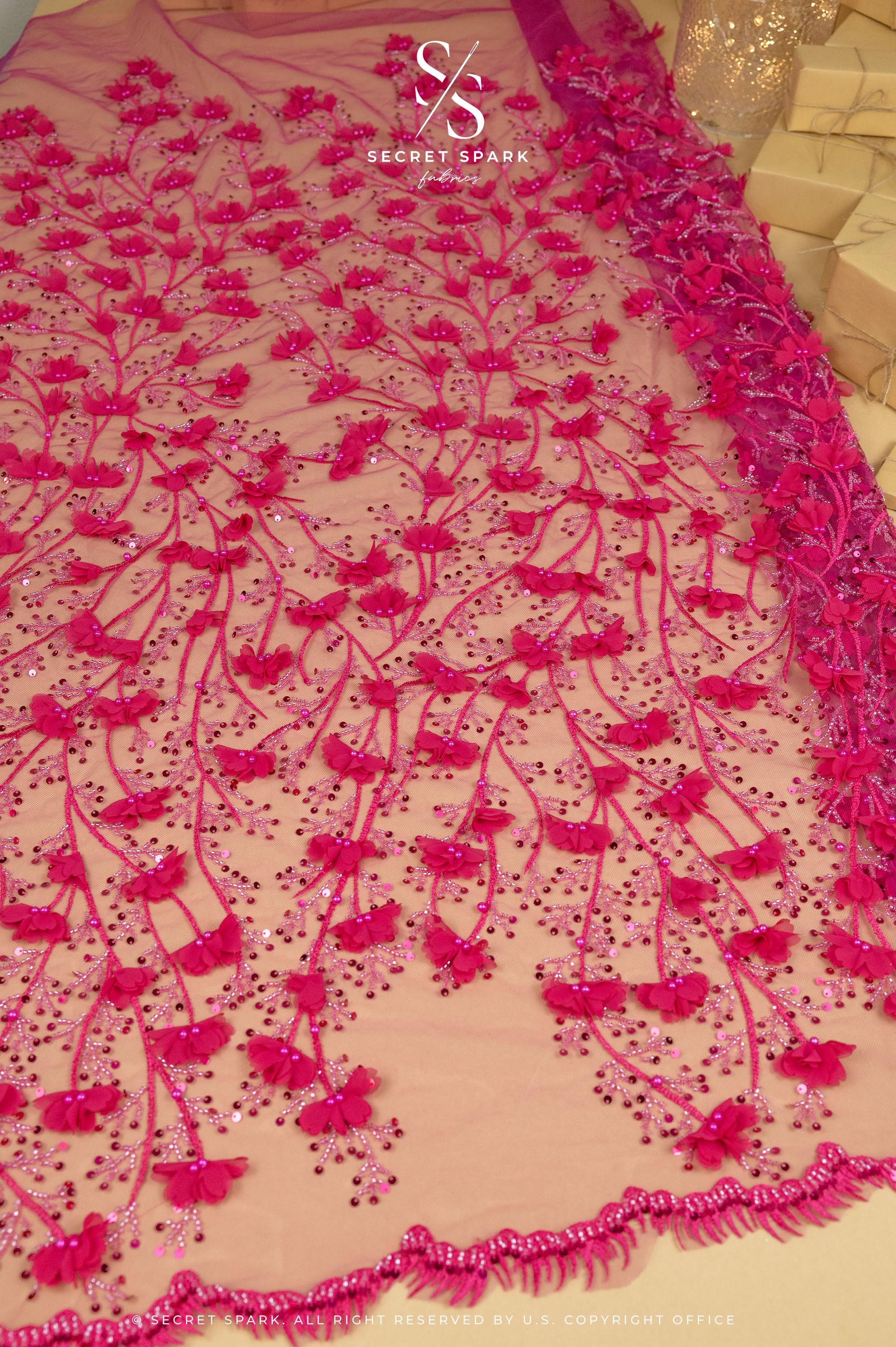 Secret Garden - Magenta Pink 3D Lace with Flowers, Pearls &amp; Sequins – Bold Tulle for Show Dresses, Dance Costumes, Hair Bows, Creative Decor