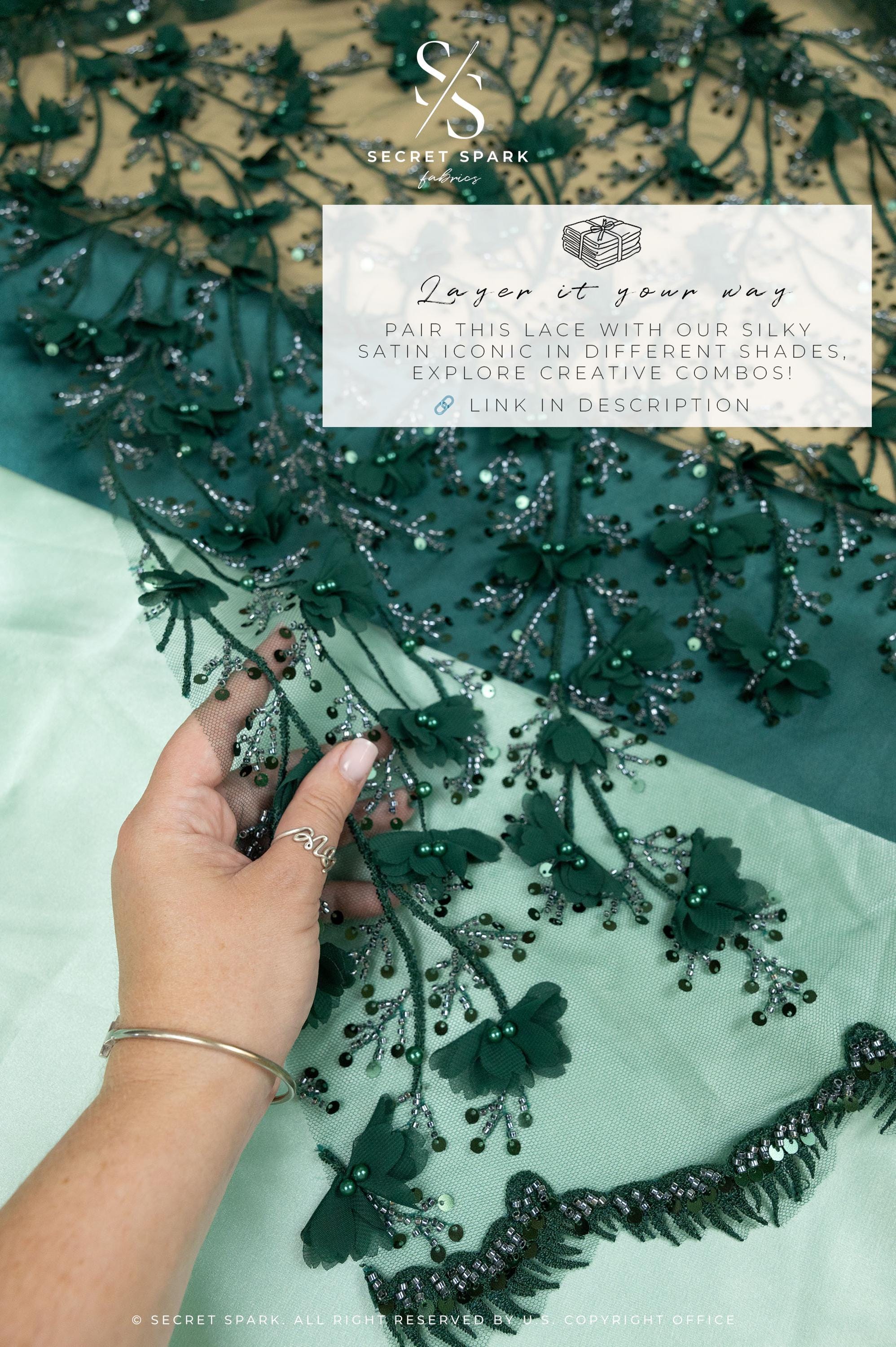 Secret Garden - Emerald Green 3D Lace with Pearls &amp; Flowers – Rich Tulle Fabric for Costumes, Luxury Capes, Theatrical Gowns, Table Styling
