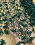 Secret Garden - Emerald Green 3D Lace with Pearls & Flowers – Rich Tulle Fabric for Costumes, Luxury Capes, Theatrical Gowns, Table Styling