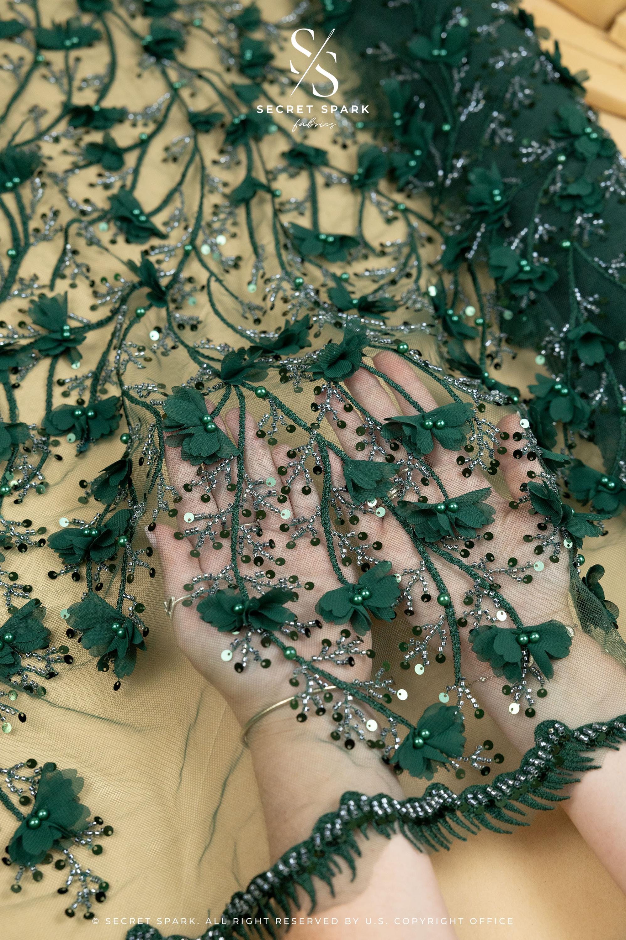 Secret Garden - Emerald Green 3D Lace with Pearls &amp; Flowers – Rich Tulle Fabric for Costumes, Luxury Capes, Theatrical Gowns, Table Styling