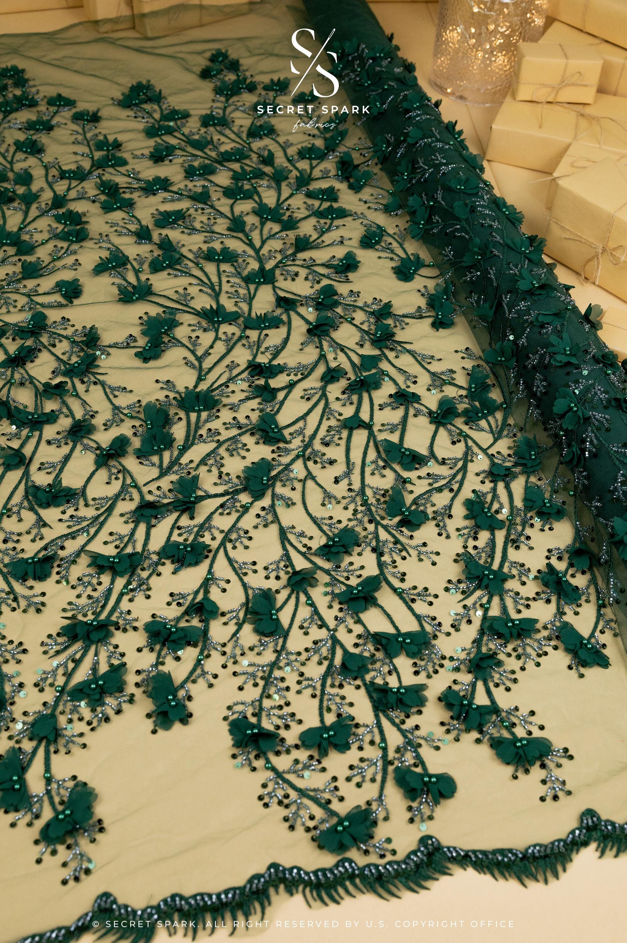 Secret Garden - Emerald Green 3D Lace with Pearls &amp; Flowers – Rich Tulle Fabric for Costumes, Luxury Capes, Theatrical Gowns, Table Styling