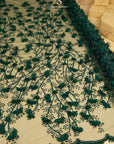 Secret Garden - Emerald Green 3D Lace with Pearls & Flowers – Rich Tulle Fabric for Costumes, Luxury Capes, Theatrical Gowns, Table Styling