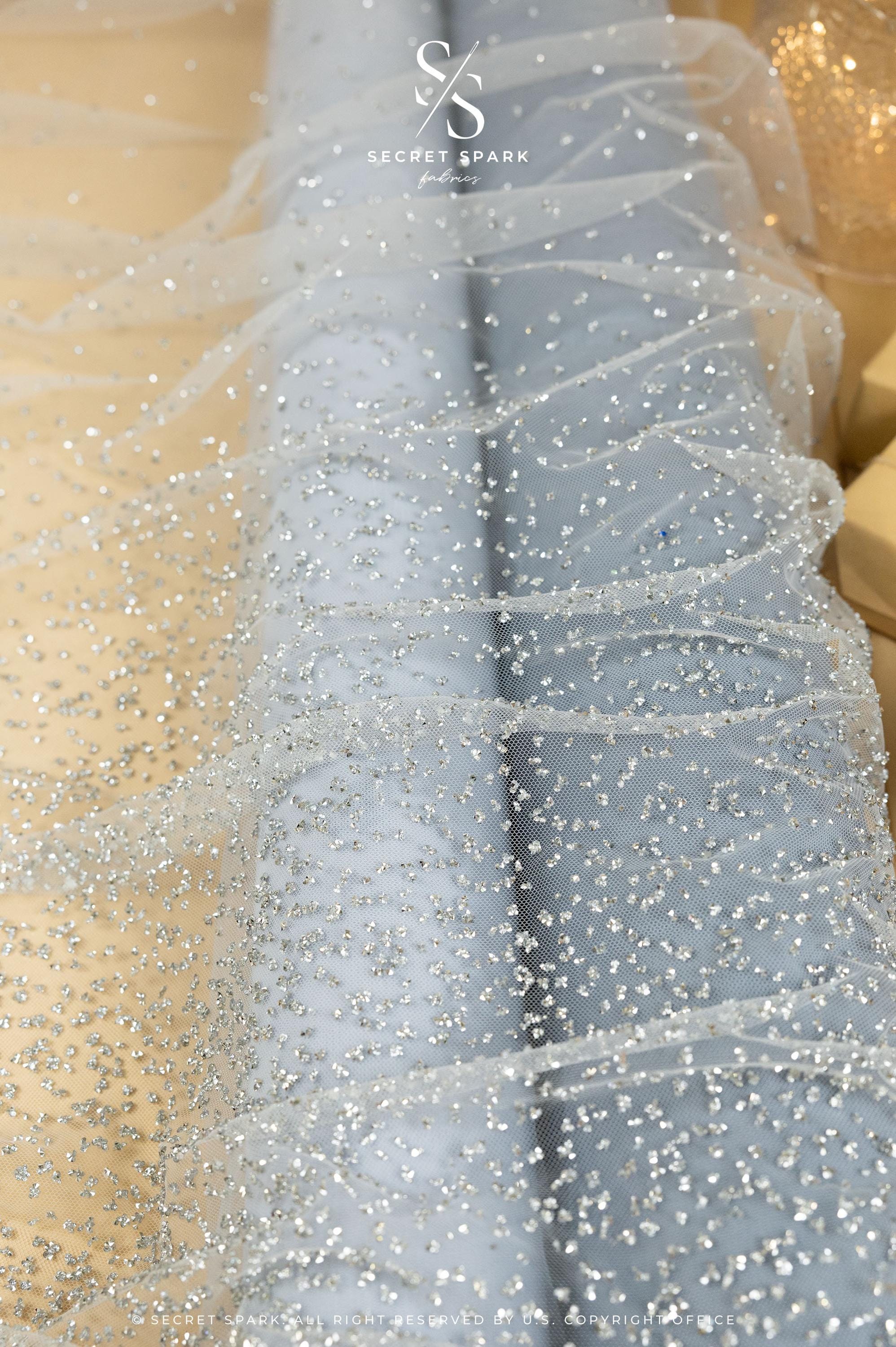 Stardust - Light Bridal Gray Ombre Crystal Tulle with Gradient Sparkle and Rhinestones on Mesh Luxury Bridal Fabric by the Yard