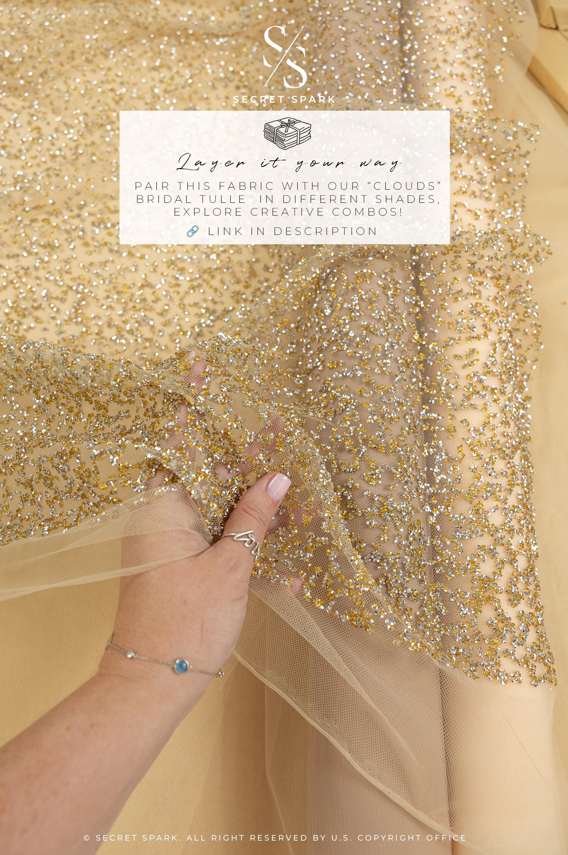 Stardust - Champagne Ombre Crystal Tulle with Gradient Sparkle and Rhinestones on Mesh Luxury Bridal Fabric by the Yard