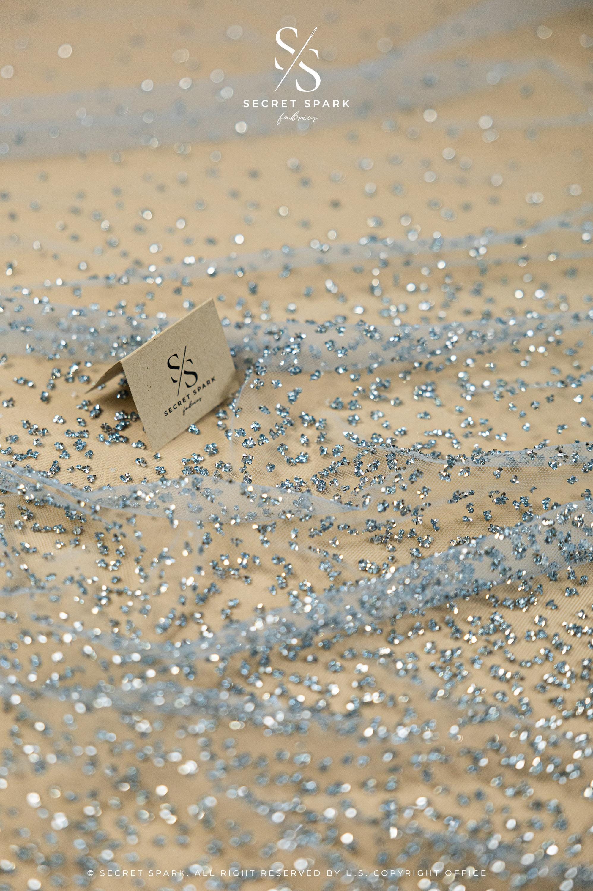 Stardust - Pastel Blue Ombre Crystal Tulle with Gradient Sparkle and Rhinestones on Mesh Luxury Bridal Fabric by the Yard