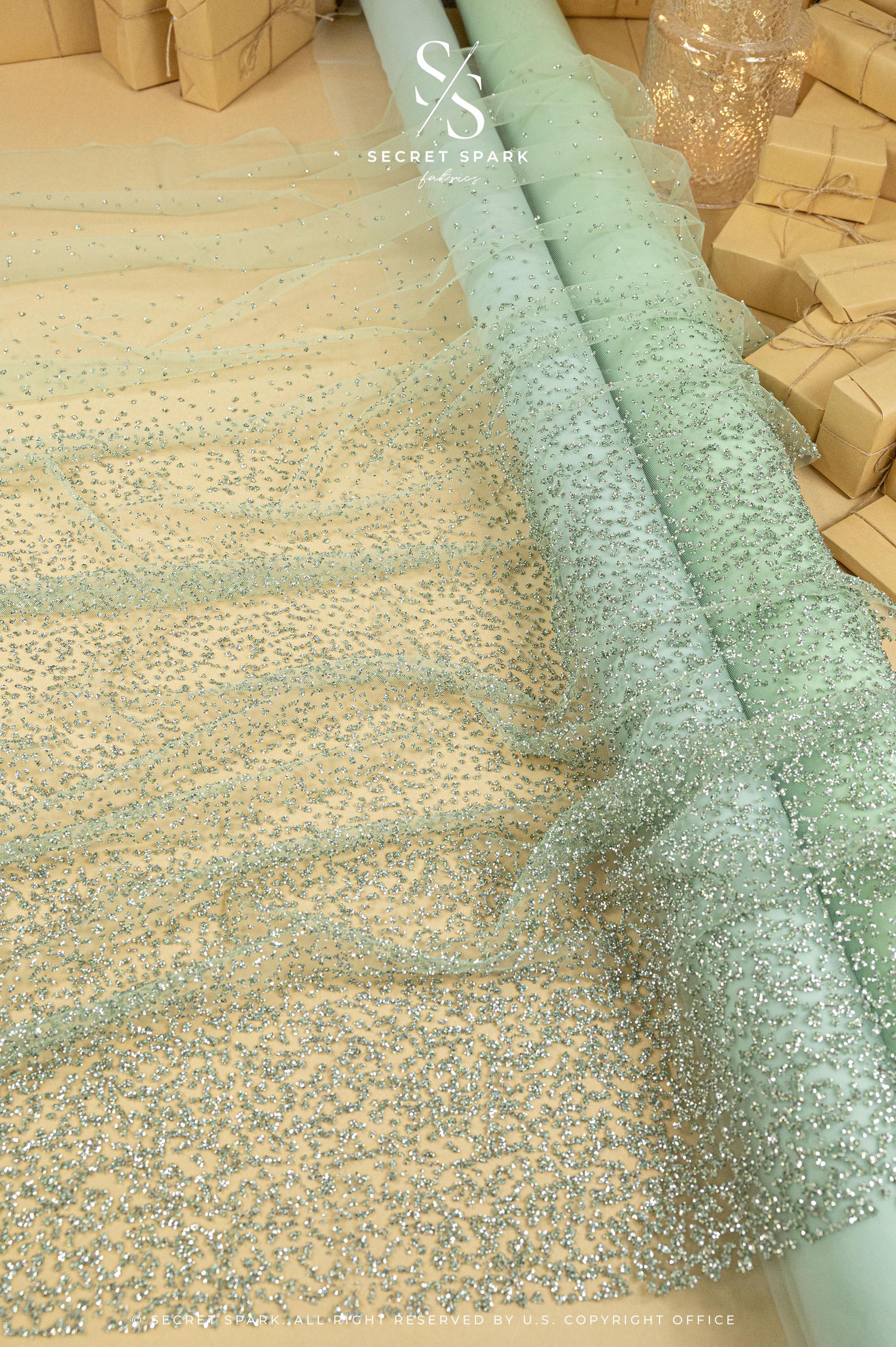 Stardust - Misty Green Ombre Crystal Tulle with Gradient Sparkle and Rhinestones on Mesh Luxury Bridal Fabric by the Yard
