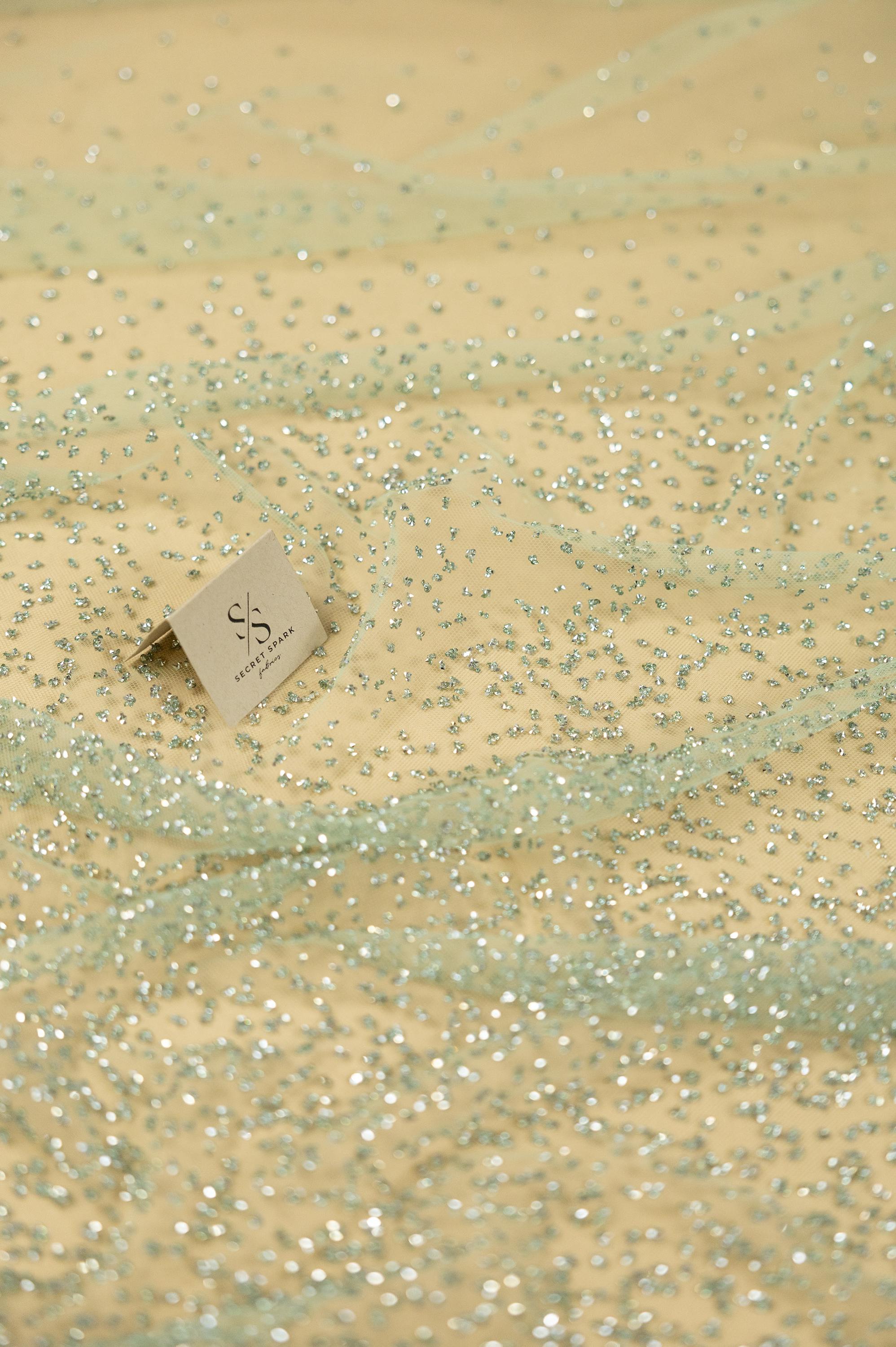 Stardust - Misty Green Ombre Crystal Tulle with Gradient Sparkle and Rhinestones on Mesh Luxury Bridal Fabric by the Yard