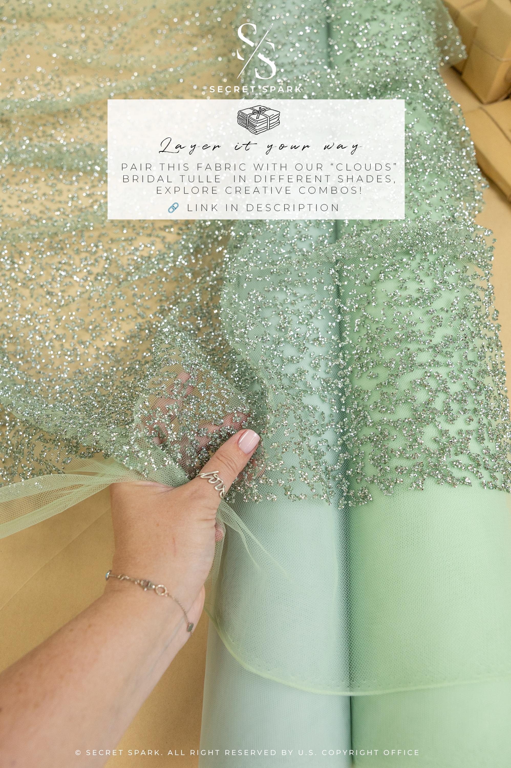 Stardust - Misty Green Ombre Crystal Tulle with Gradient Sparkle and Rhinestones on Mesh Luxury Bridal Fabric by the Yard