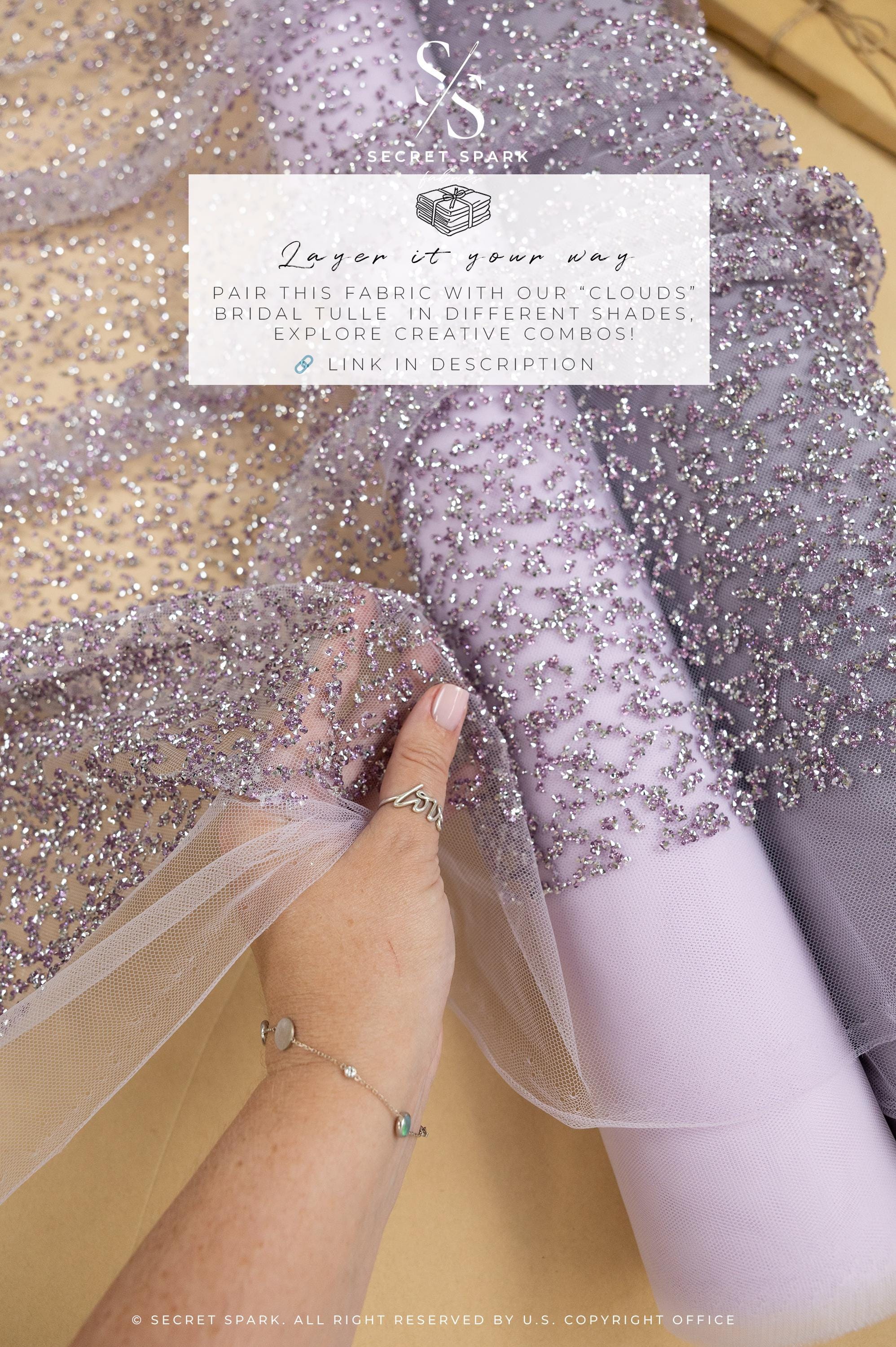Stardust - Pastel Lavender Ombre Crystal Tulle with Gradient Sparkle and Rhinestones on Mesh Luxury Bridal Fabric by the Yard