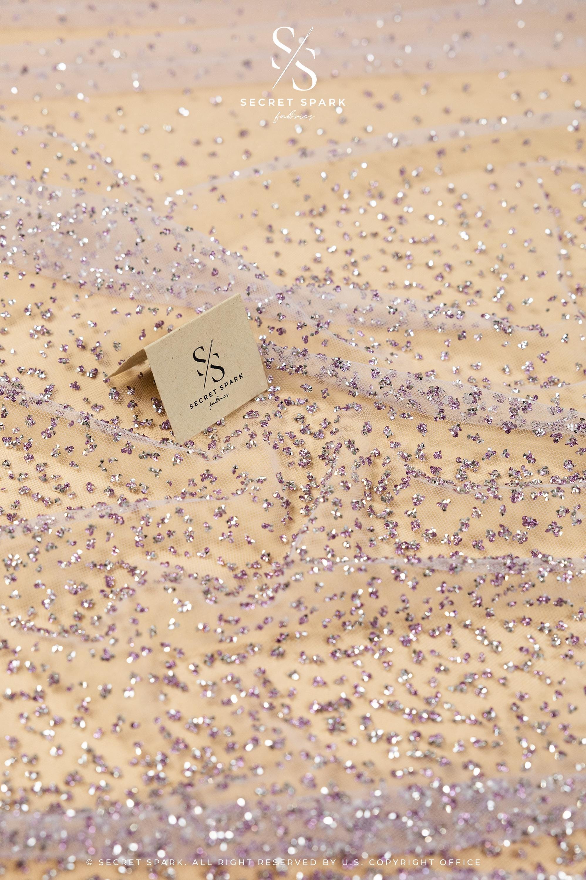 Stardust - Pastel Lavender Ombre Crystal Tulle with Gradient Sparkle and Rhinestones on Mesh Luxury Bridal Fabric by the Yard