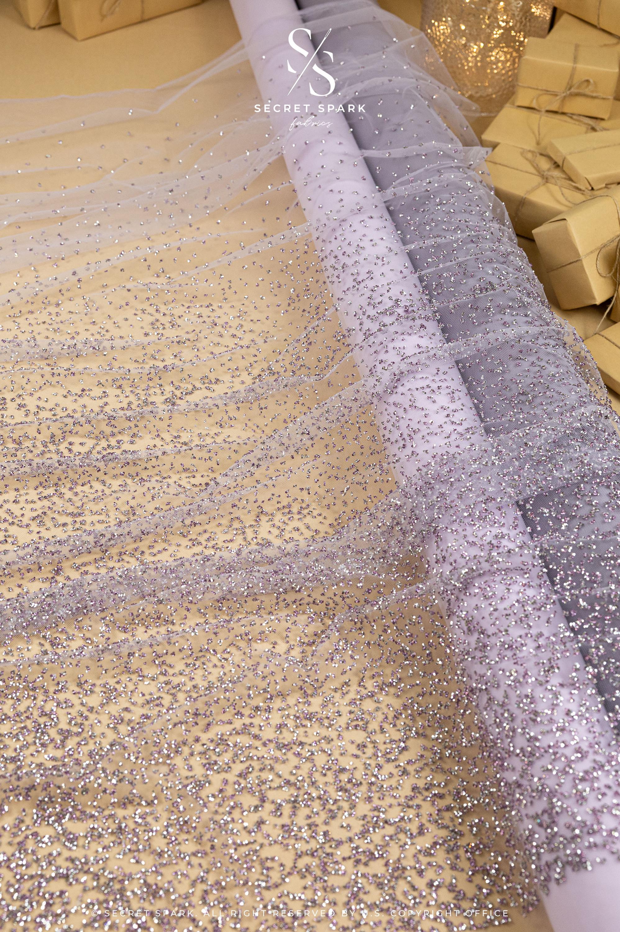 Stardust - Pastel Lavender Ombre Crystal Tulle with Gradient Sparkle and Rhinestones on Mesh Luxury Bridal Fabric by the Yard