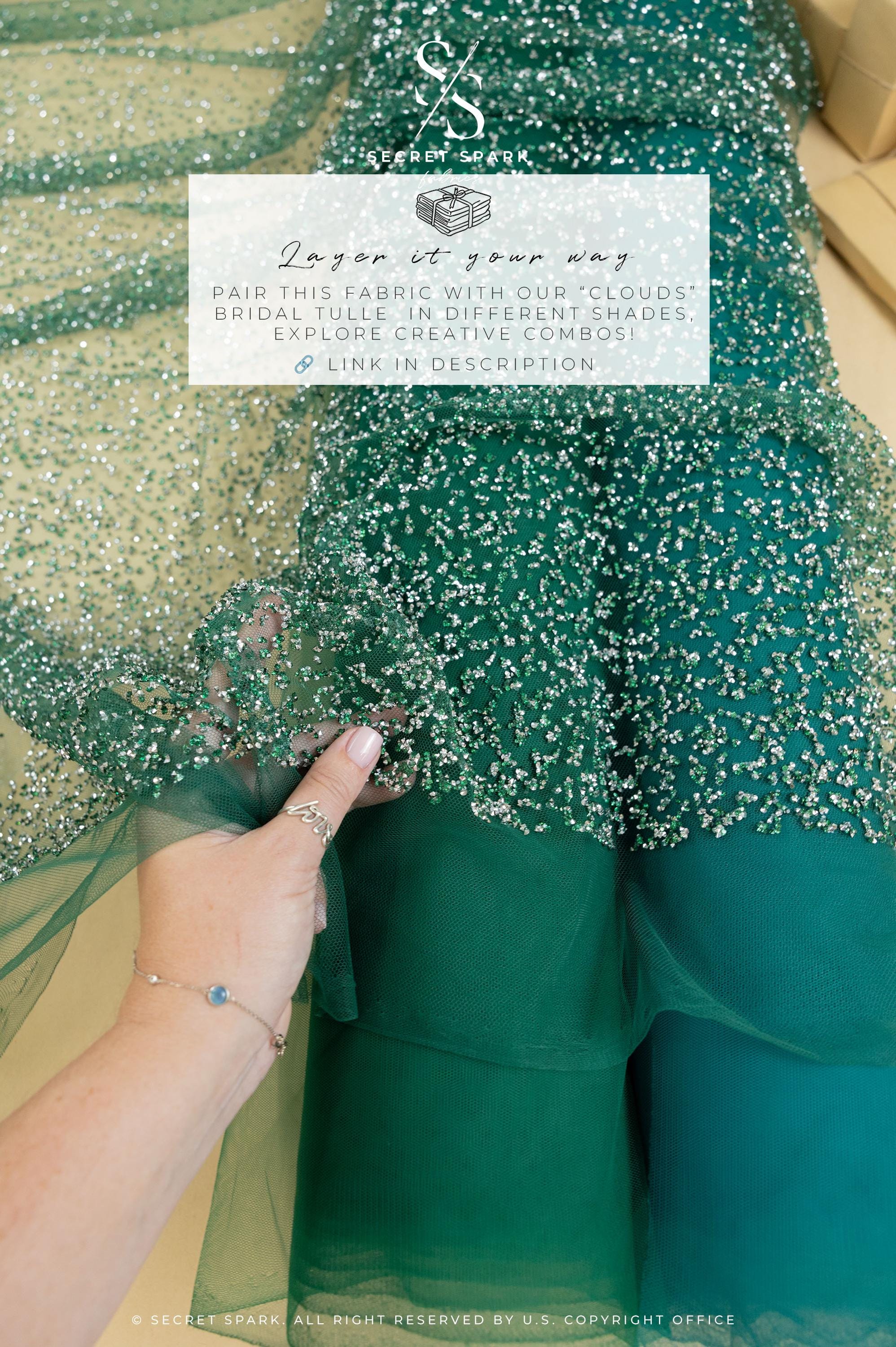 Stardust - Emerald Green Ombre Crystal Tulle with Gradient Sparkle and Rhinestones on Mesh Luxury Bridal Fabric by the Yard