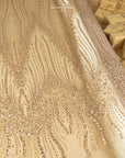Crystalia - Champagne Beaded Tulle Lace for Bridal Dresses, Floral Sequin Mesh for Wedding Gowns, Elegant Embroidered Fabric by the Yard