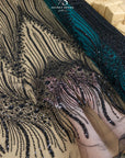Crystalia - Black Beaded Tulle Lace for Bridal Dresses, Floral Sequin Mesh for Wedding Gowns, Elegant Embroidered Fabric by the Yard