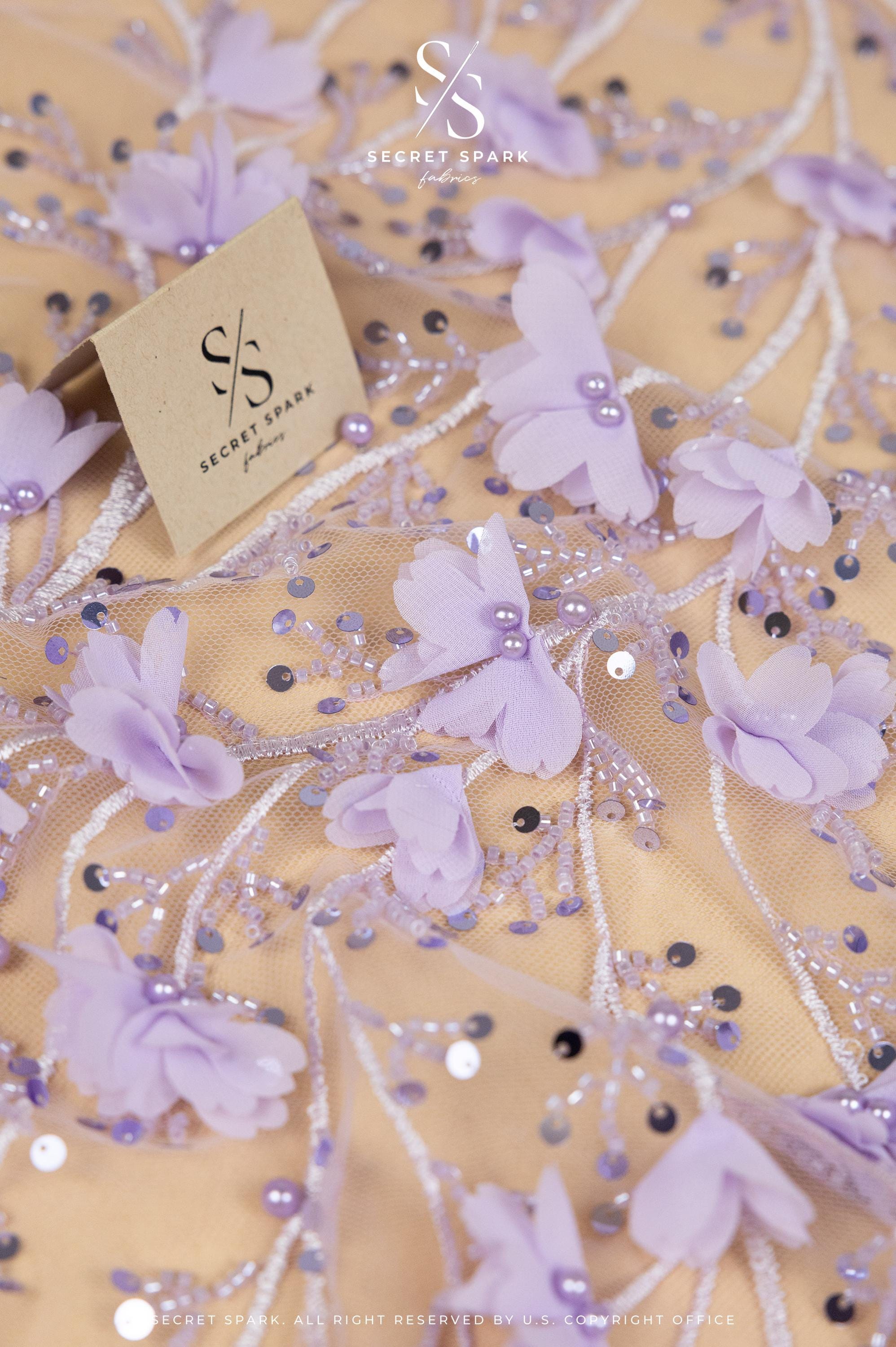 Secret Garden - Purple Lavender 3D Lace with Pearls &amp; Chiffon Flowers – Tulle for Fantasy Dresses, Stagewear, Costume Capes, Accessories