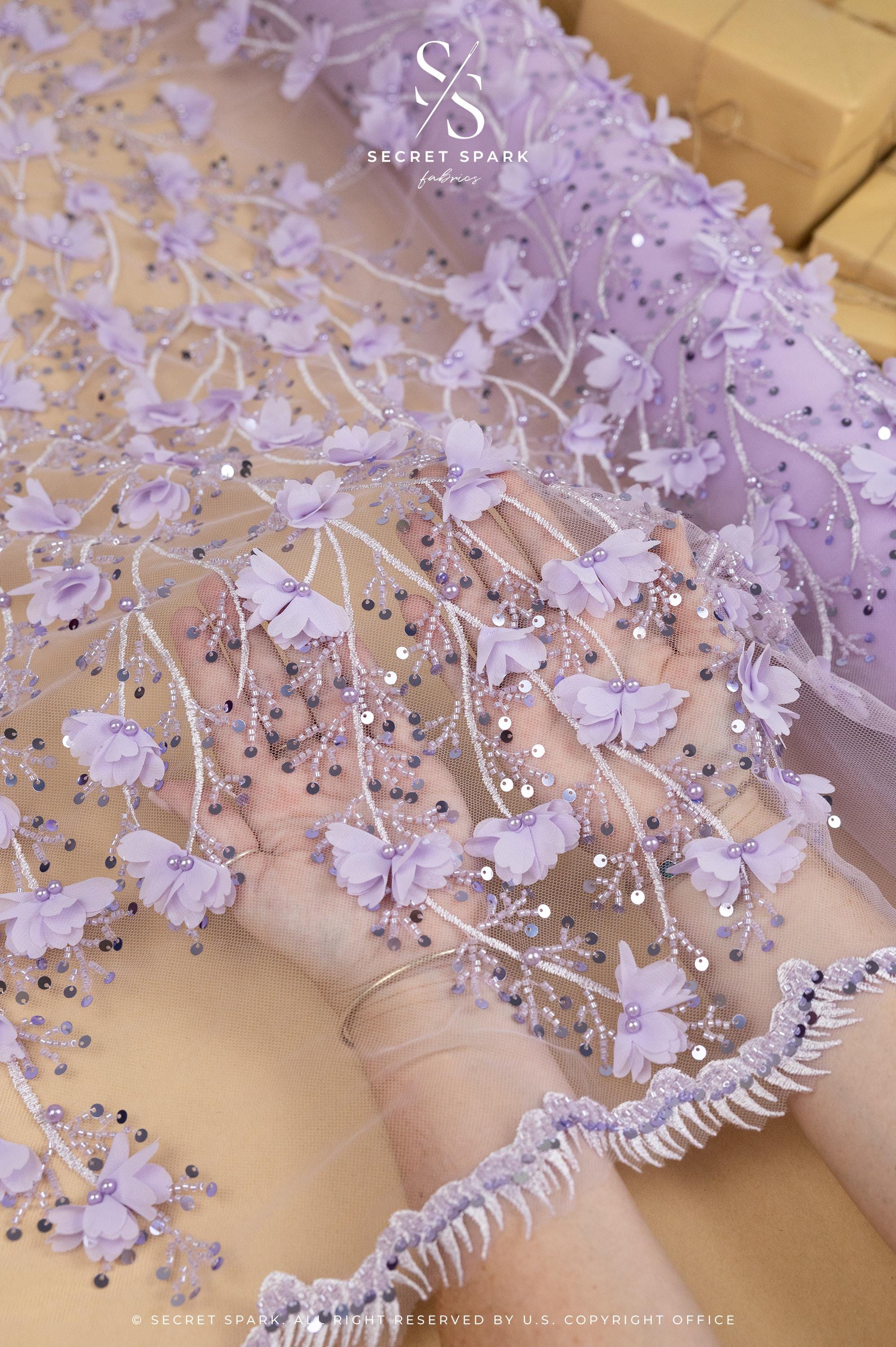 Secret Garden - Purple Lavender 3D Lace with Pearls &amp; Chiffon Flowers – Tulle for Fantasy Dresses, Stagewear, Costume Capes, Accessories