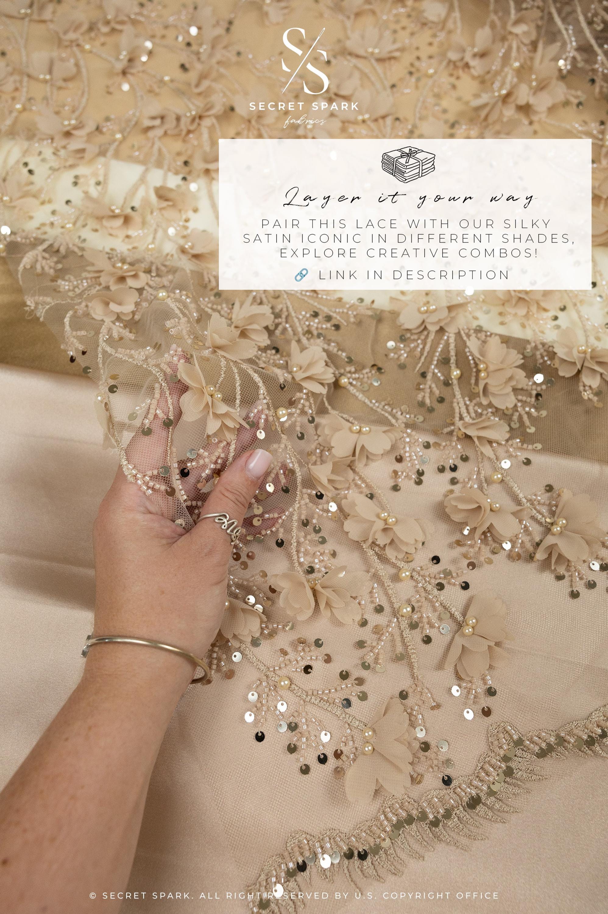 Secret Garden - Mystic Beige 3D Lace with Chiffon Flowers &amp; Pearls – Elegant Tulle for Modern Neutrals, Bridal Jackets, Accessories, Dresses