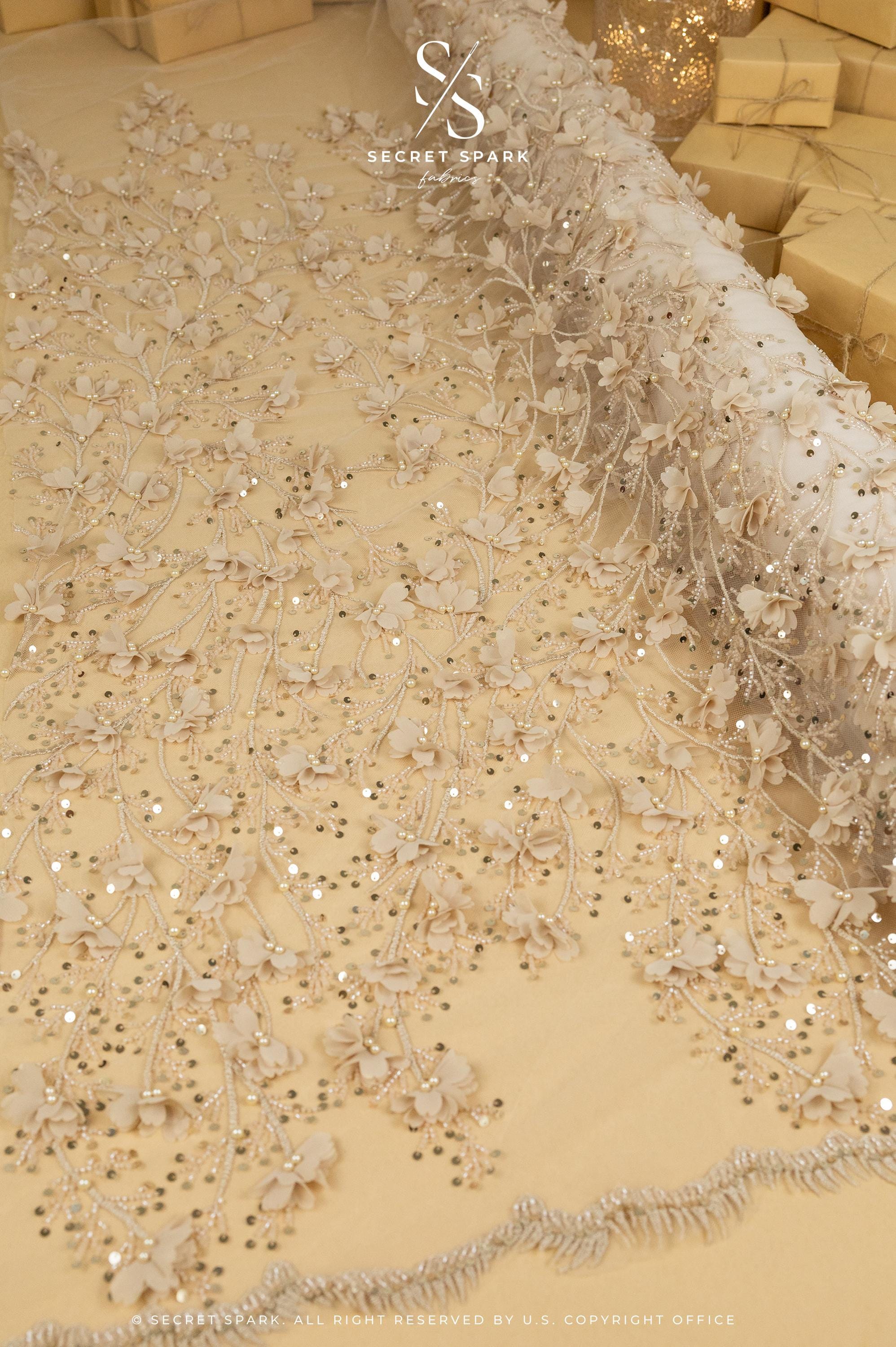 Secret Garden - Mystic Beige 3D Lace with Chiffon Flowers &amp; Pearls – Elegant Tulle for Modern Neutrals, Bridal Jackets, Accessories, Dresses