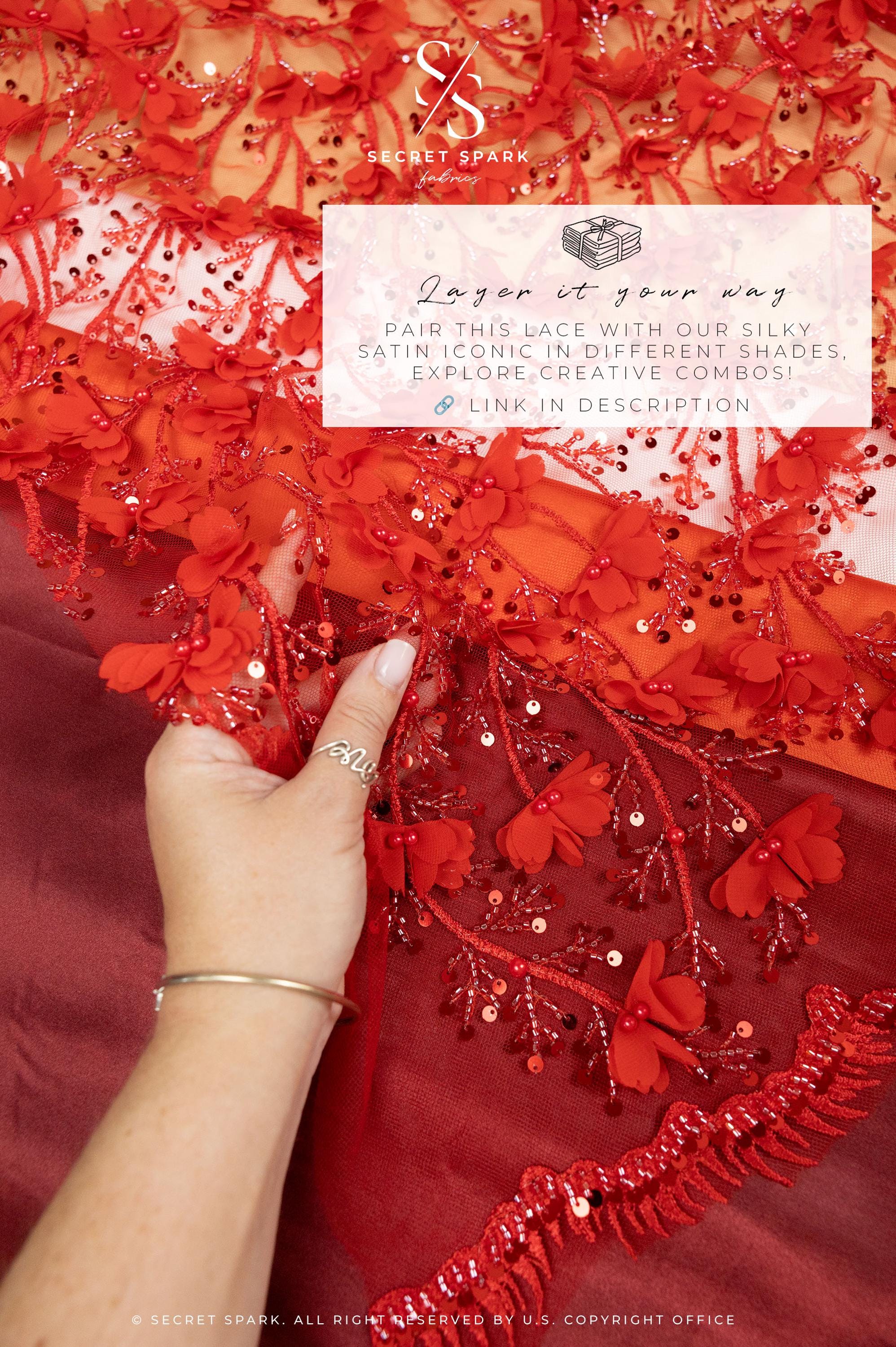 Secret Garden - Red 3D Lace with Pearls, Sequins &amp; Flowers – Dramatic Tulle for Evening Capes, Gloves, Headpieces, Spanish-Inspired Dresses