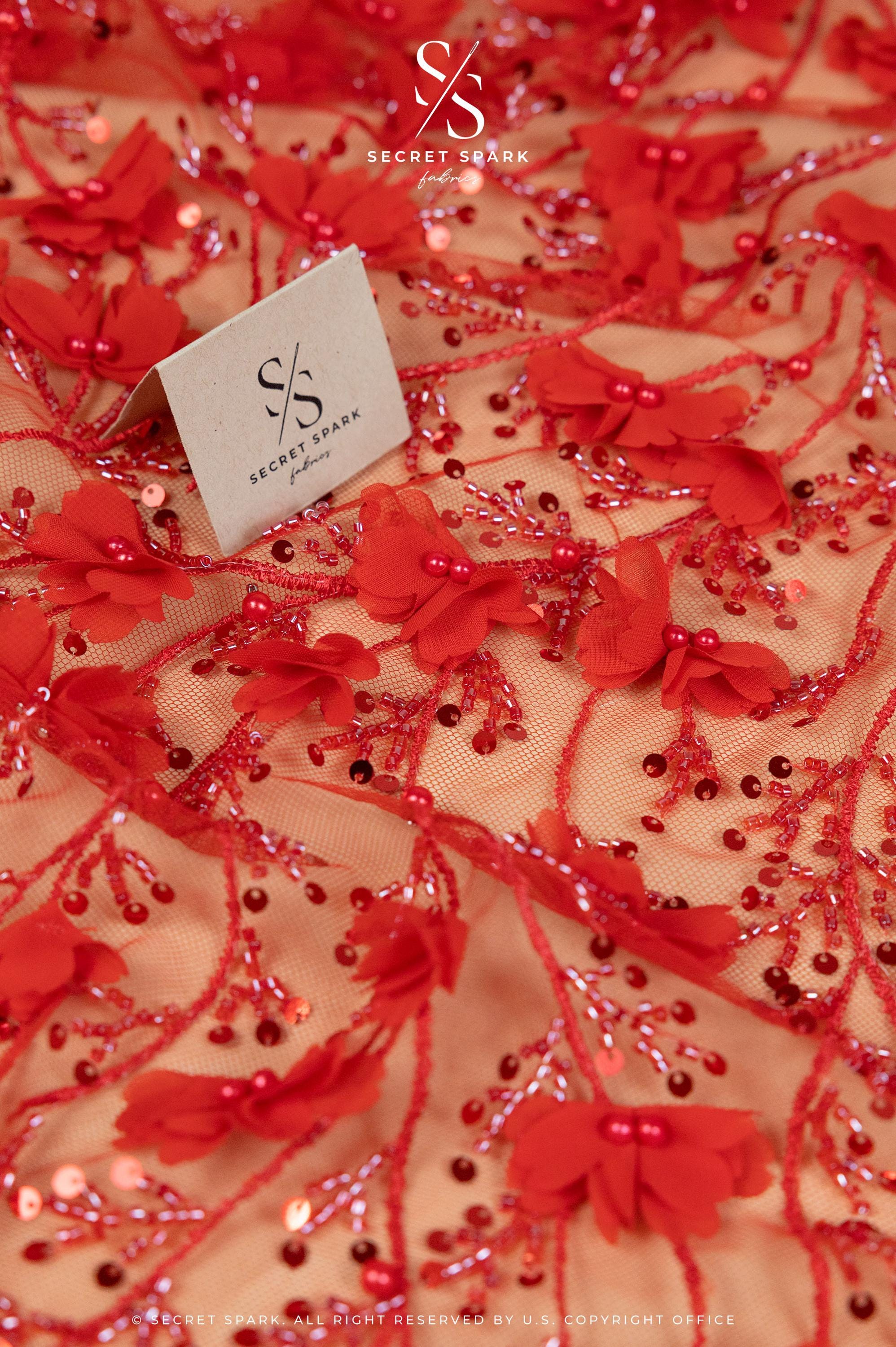 Secret Garden - Red 3D Lace with Pearls, Sequins &amp; Flowers – Dramatic Tulle for Evening Capes, Gloves, Headpieces, Spanish-Inspired Dresses