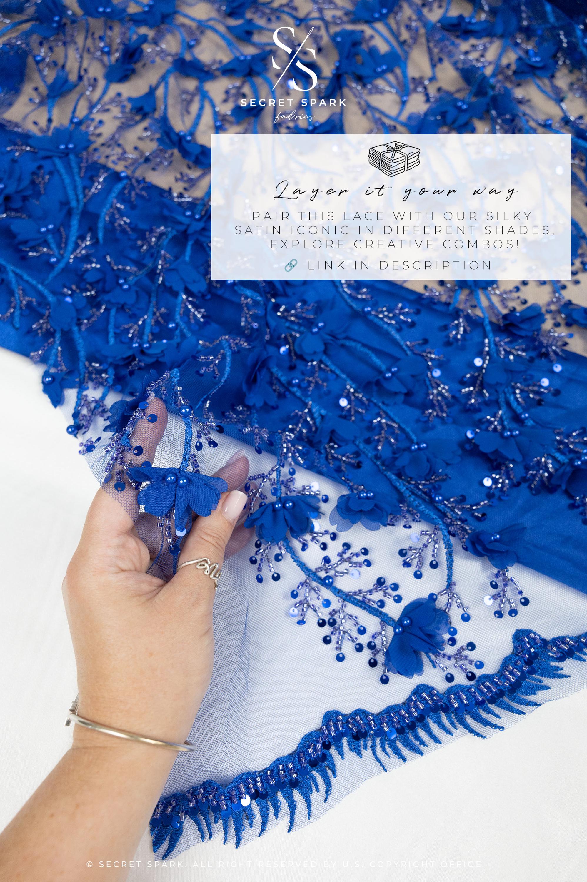 Secret Garden - Royal Blue 3D Floral Lace with Sequins and Petals – Regal Tulle for Pageant Gowns, Opera Capes, Headbands &amp; Fashion Dresses