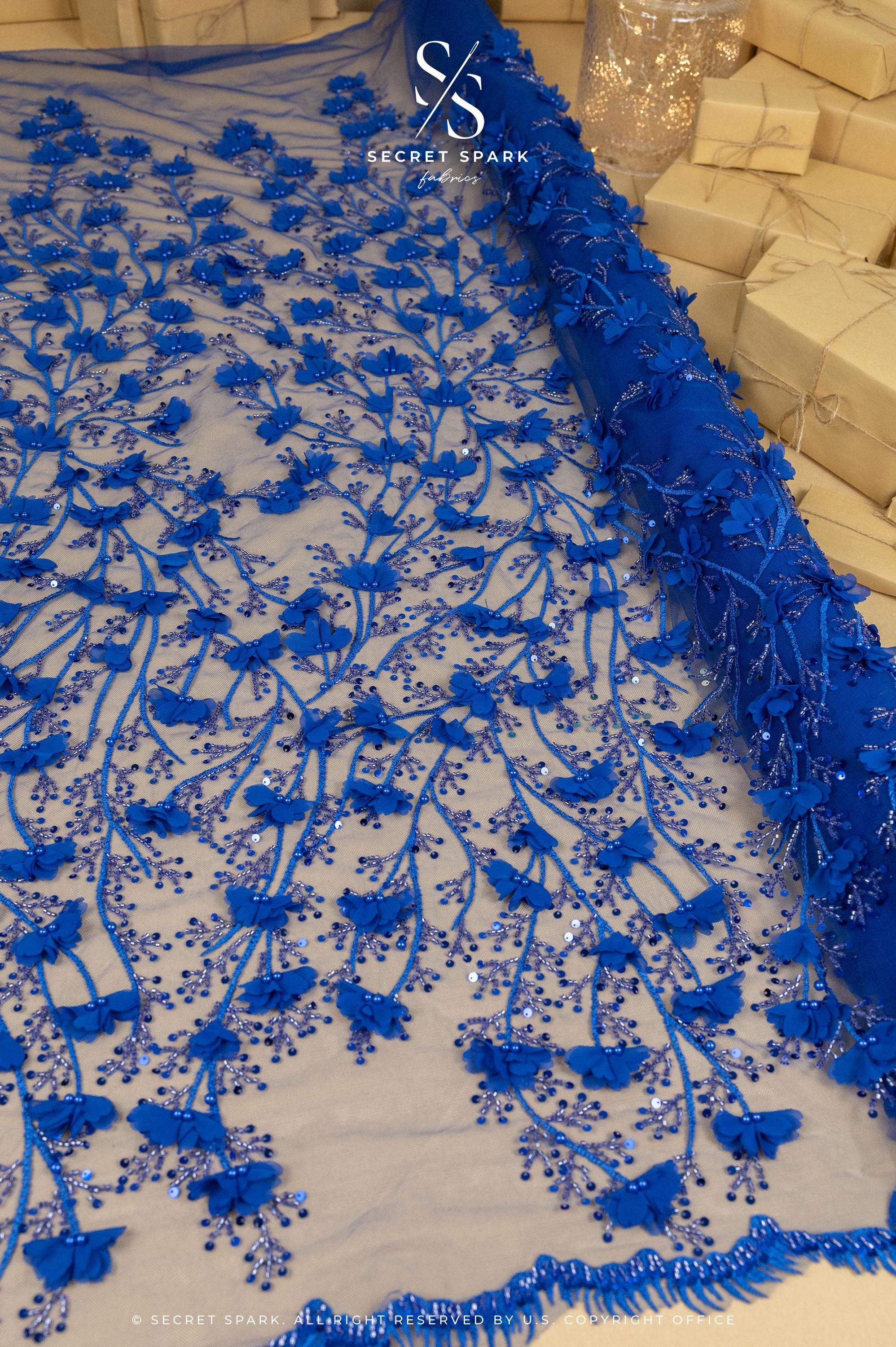 Secret Garden - Royal Blue 3D Floral Lace with Sequins and Petals – Regal Tulle for Pageant Gowns, Opera Capes, Headbands &amp; Fashion Dresses