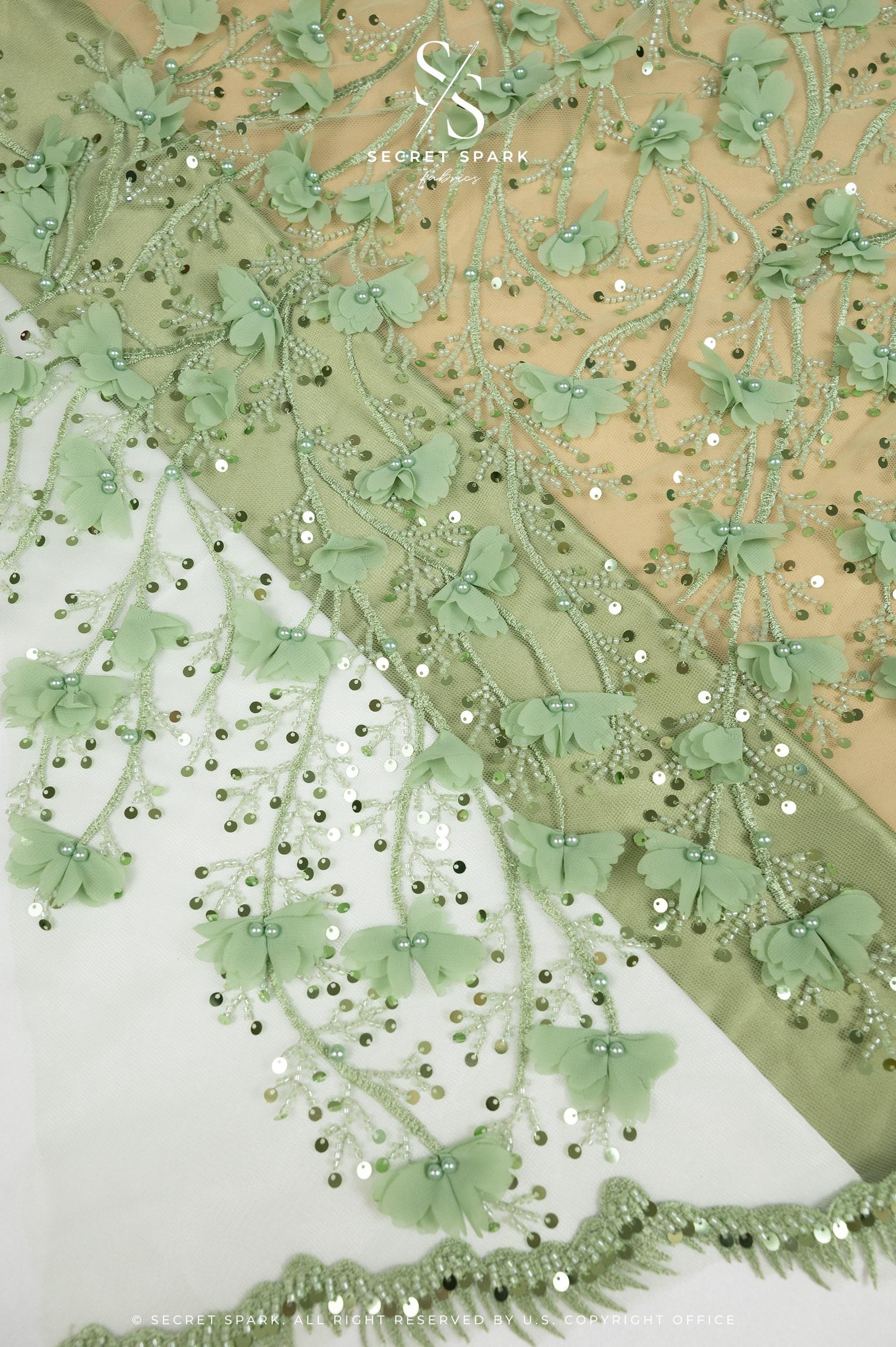 Secret Garden - Pistachio Green 3D Floral Lace with Pearls &amp; Petals – Tulle for Garden Weddings, Baby Dresses, Invitations, Flatlays, Decor