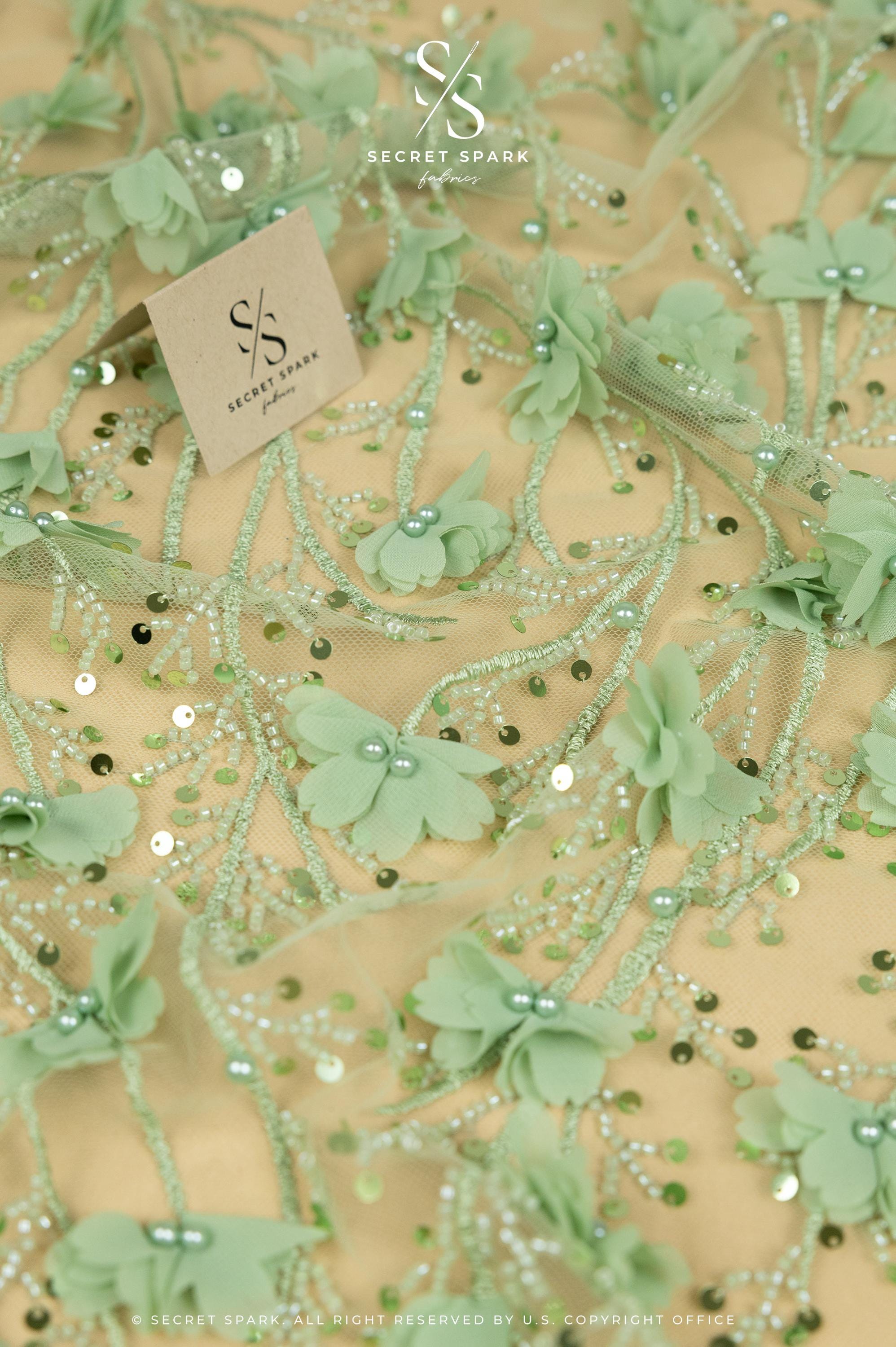 Secret Garden - Pistachio Green 3D Floral Lace with Pearls &amp; Petals – Tulle for Garden Weddings, Baby Dresses, Invitations, Flatlays, Decor