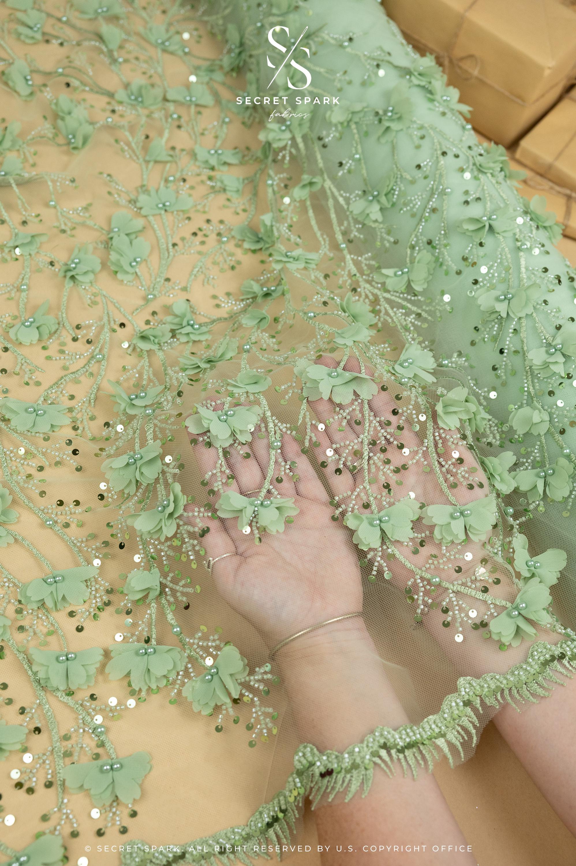 Secret Garden - Pistachio Green 3D Floral Lace with Pearls &amp; Petals – Tulle for Garden Weddings, Baby Dresses, Invitations, Flatlays, Decor