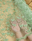 Secret Garden - Pistachio Green 3D Floral Lace with Pearls & Petals – Tulle for Garden Weddings, Baby Dresses, Invitations, Flatlays, Decor