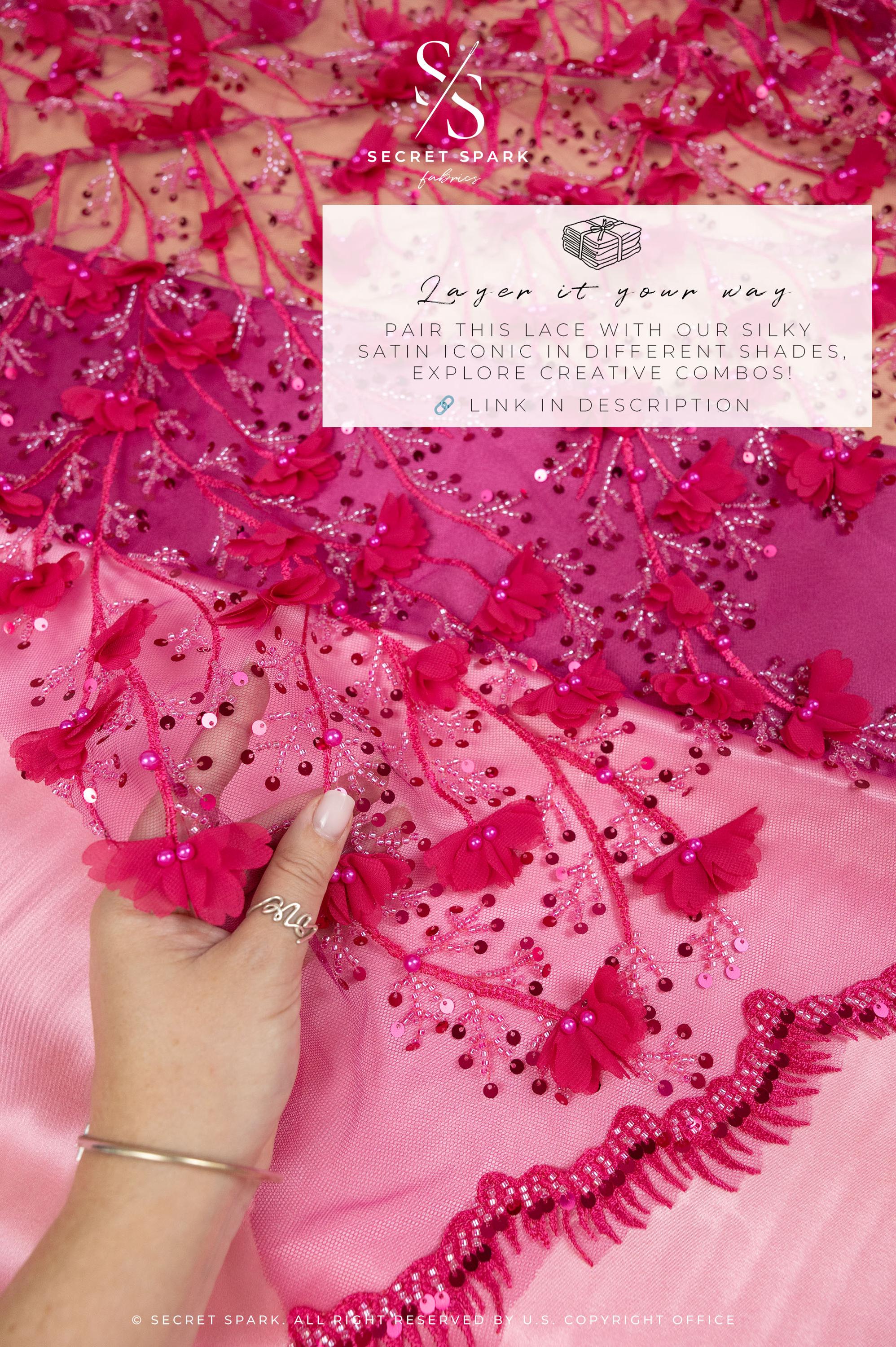 Secret Garden - Magenta Pink 3D Lace with Flowers, Pearls &amp; Sequins – Bold Tulle for Show Dresses, Dance Costumes, Hair Bows, Creative Decor