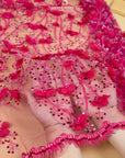 Secret Garden - Magenta Pink 3D Lace with Flowers, Pearls & Sequins – Bold Tulle for Show Dresses, Dance Costumes, Hair Bows, Creative Decor