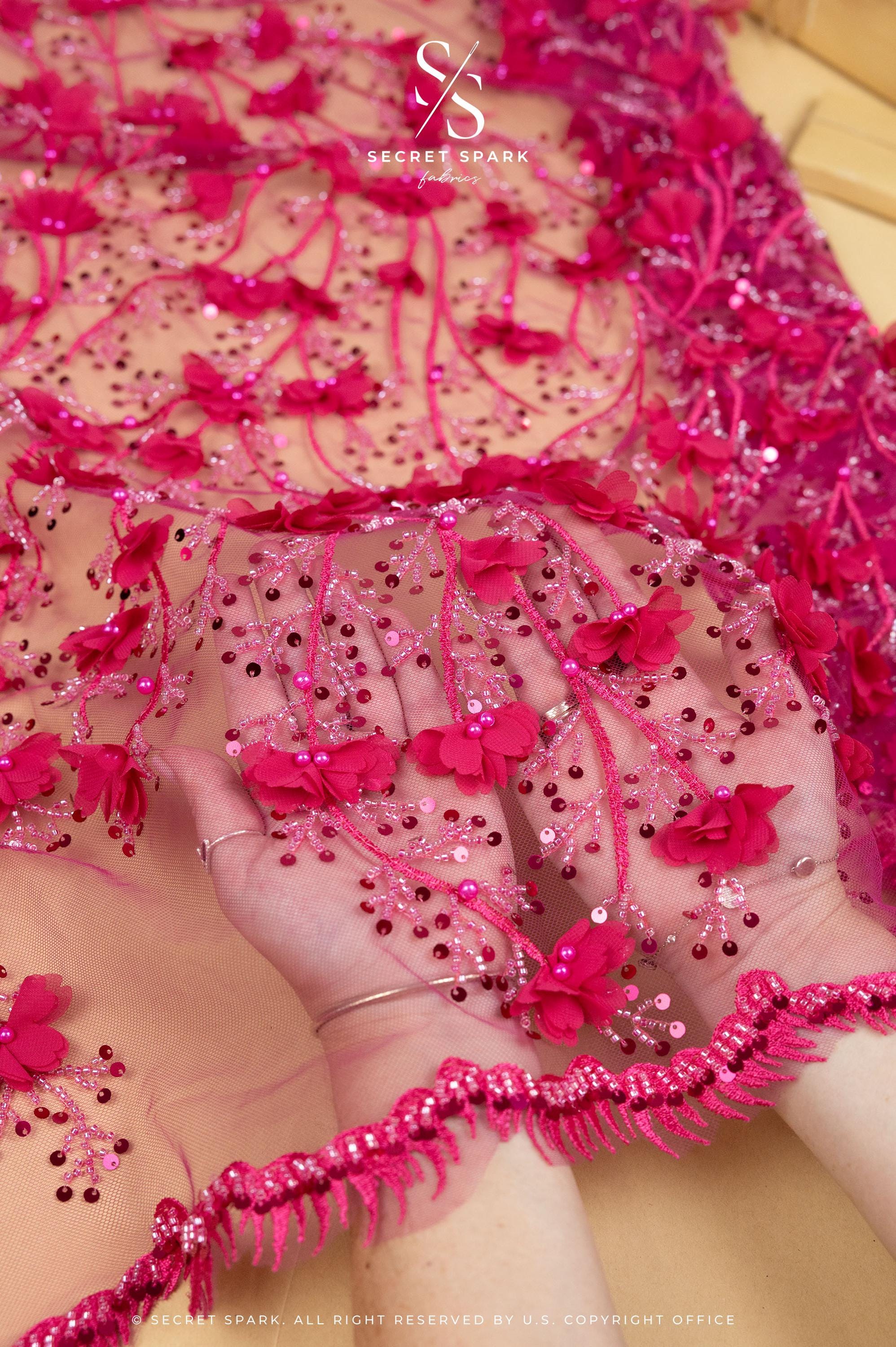 Secret Garden - Magenta Pink 3D Lace with Flowers, Pearls &amp; Sequins – Bold Tulle for Show Dresses, Dance Costumes, Hair Bows, Creative Decor