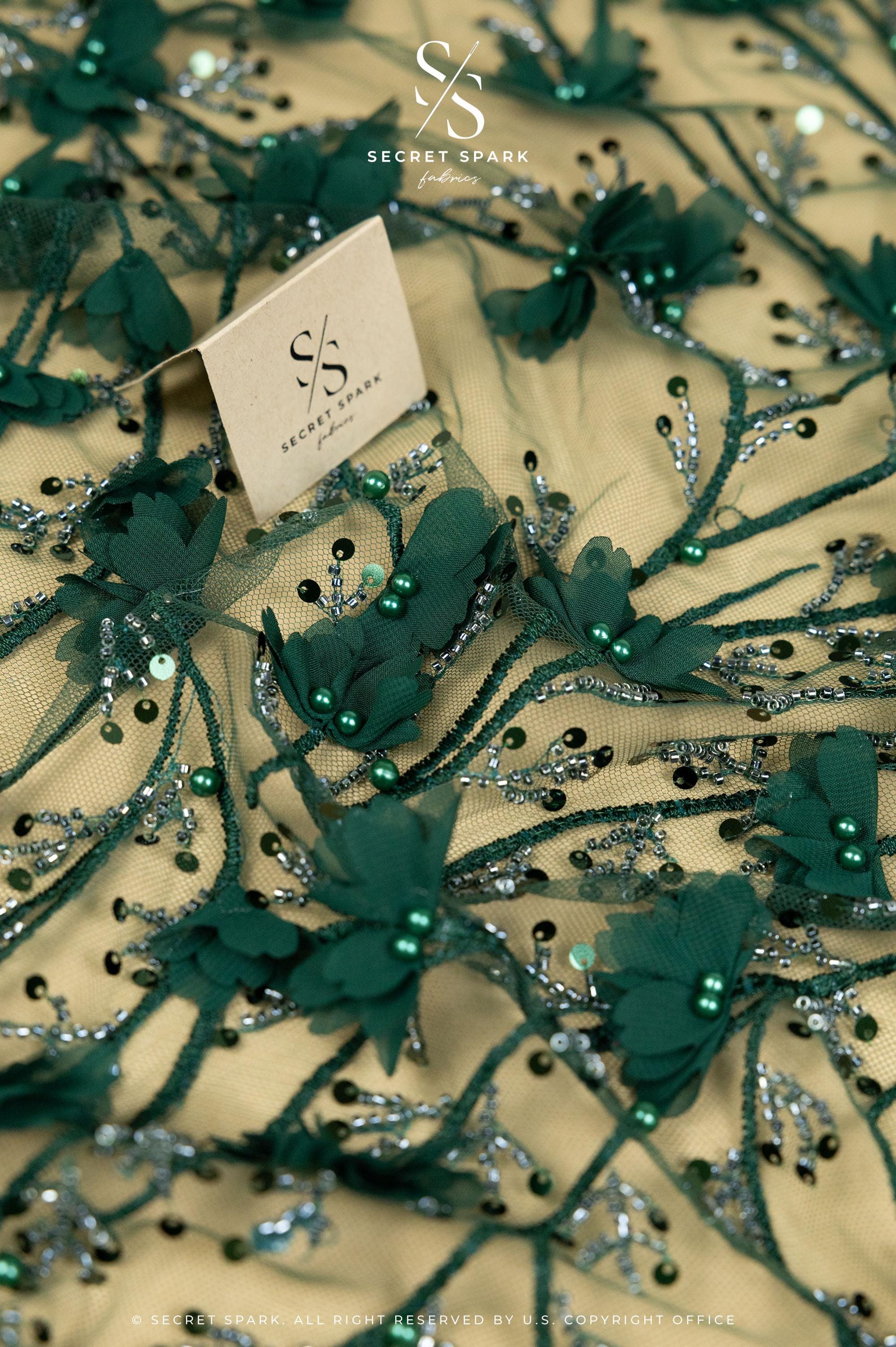 Secret Garden - Emerald Green 3D Lace with Pearls &amp; Flowers – Rich Tulle Fabric for Costumes, Luxury Capes, Theatrical Gowns, Table Styling