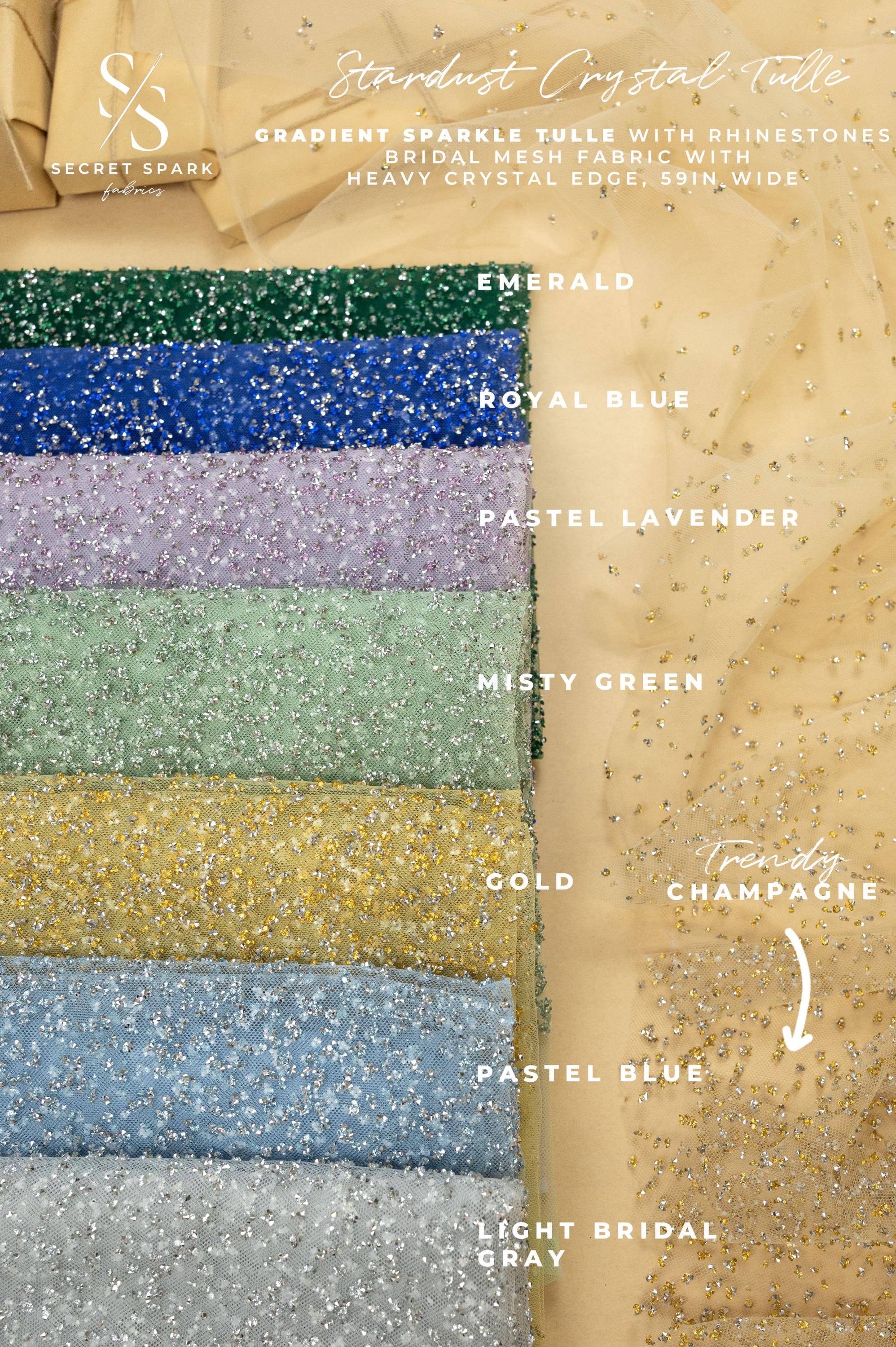 Stardust - Misty Green Ombre Crystal Tulle with Gradient Sparkle and Rhinestones on Mesh Luxury Bridal Fabric by the Yard
