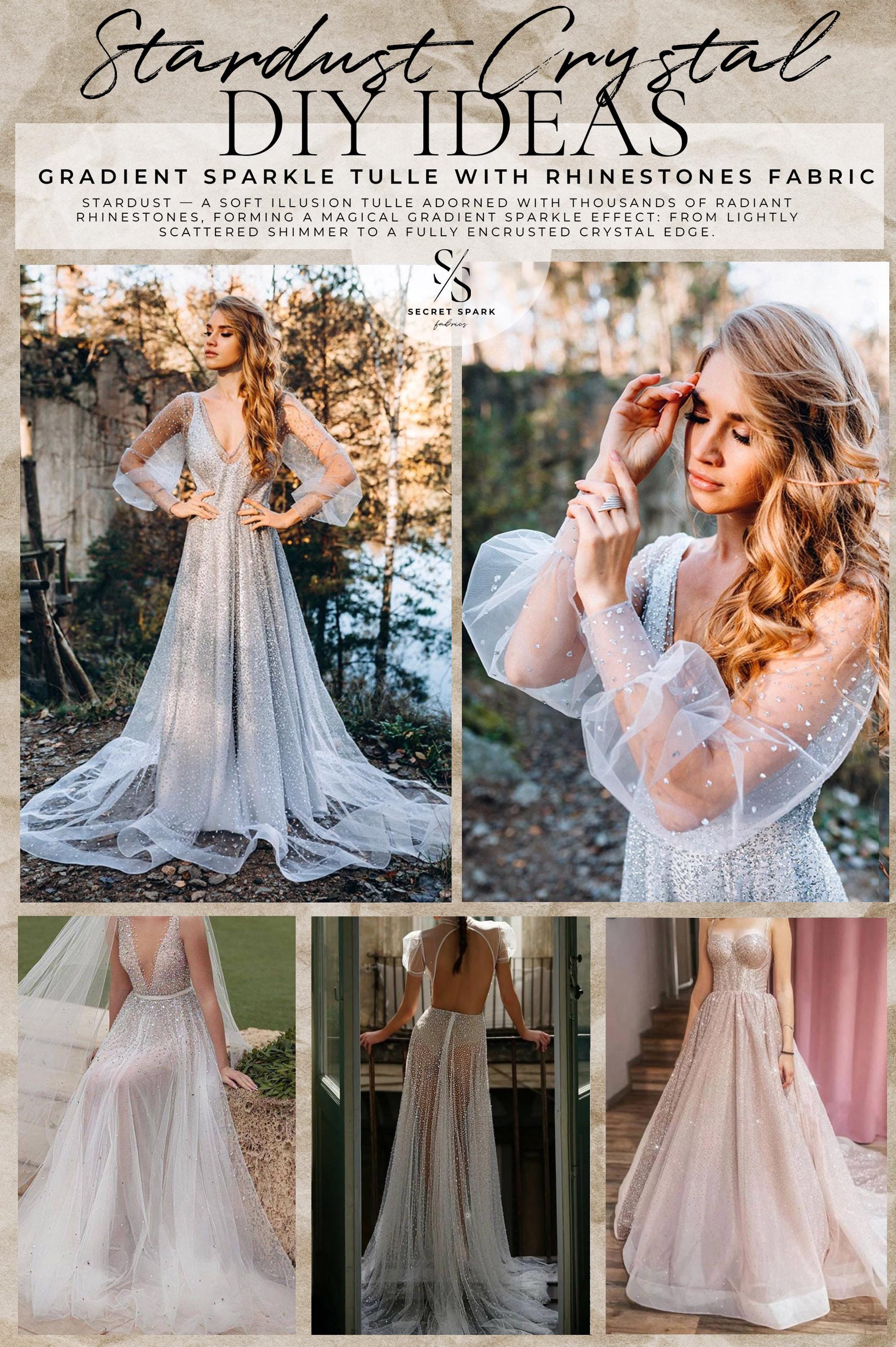 Stardust - Champagne Ombre Crystal Tulle with Gradient Sparkle and Rhinestones on Mesh Luxury Bridal Fabric by the Yard