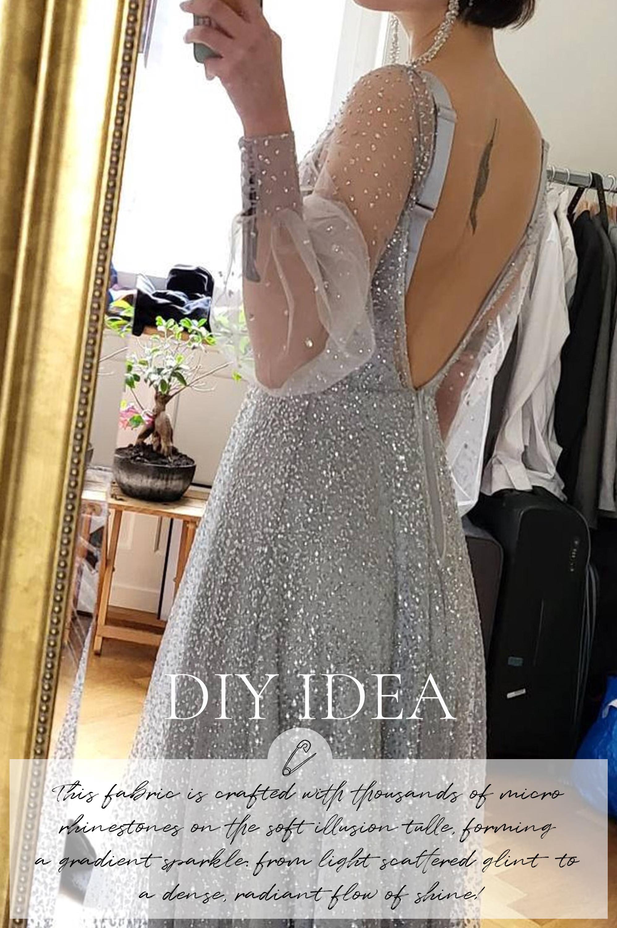 Stardust - Pastel Lavender Ombre Crystal Tulle with Gradient Sparkle and Rhinestones on Mesh Luxury Bridal Fabric by the Yard