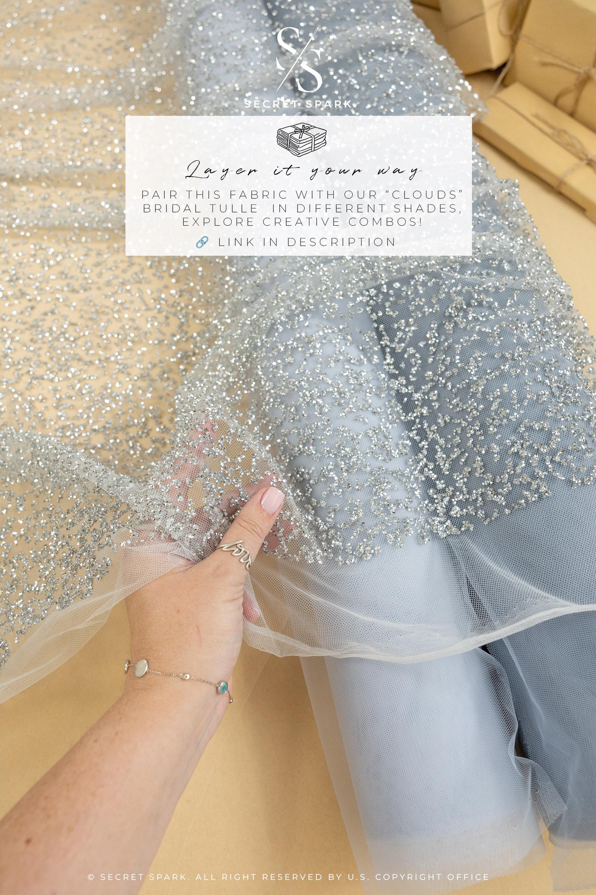 Stardust - Light Bridal Gray Ombre Crystal Tulle with Gradient Sparkle and Rhinestones on Mesh Luxury Bridal Fabric by the Yard